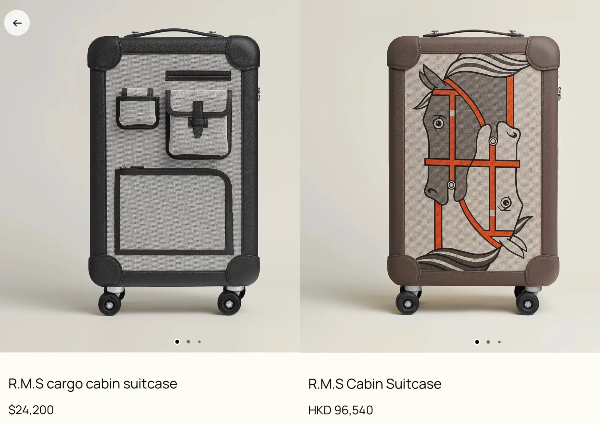 （左）R.M.S Cargo Cabin Suitcase&nbsp;採用&nbsp;Cargo&nbsp;外置口袋設計，定價約&nbsp;HKD18萬；（右）Hermès R.M.S Cabin Suitcase&nbsp;普通版本香港定價約&nbsp;HKD96,540。
