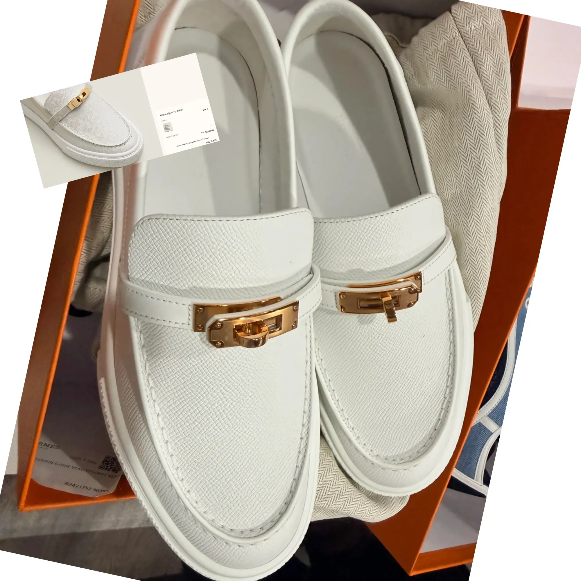 網民分享2026年4月美國NJ Hermès Private Sale入手Game slip-on sneaker，原價約HKD 10,300。鞋款帶有Kelly扣元素，屬運動與休閒混合設計，反映鞋履區白色系選擇較多，但尺碼與款式仍有限