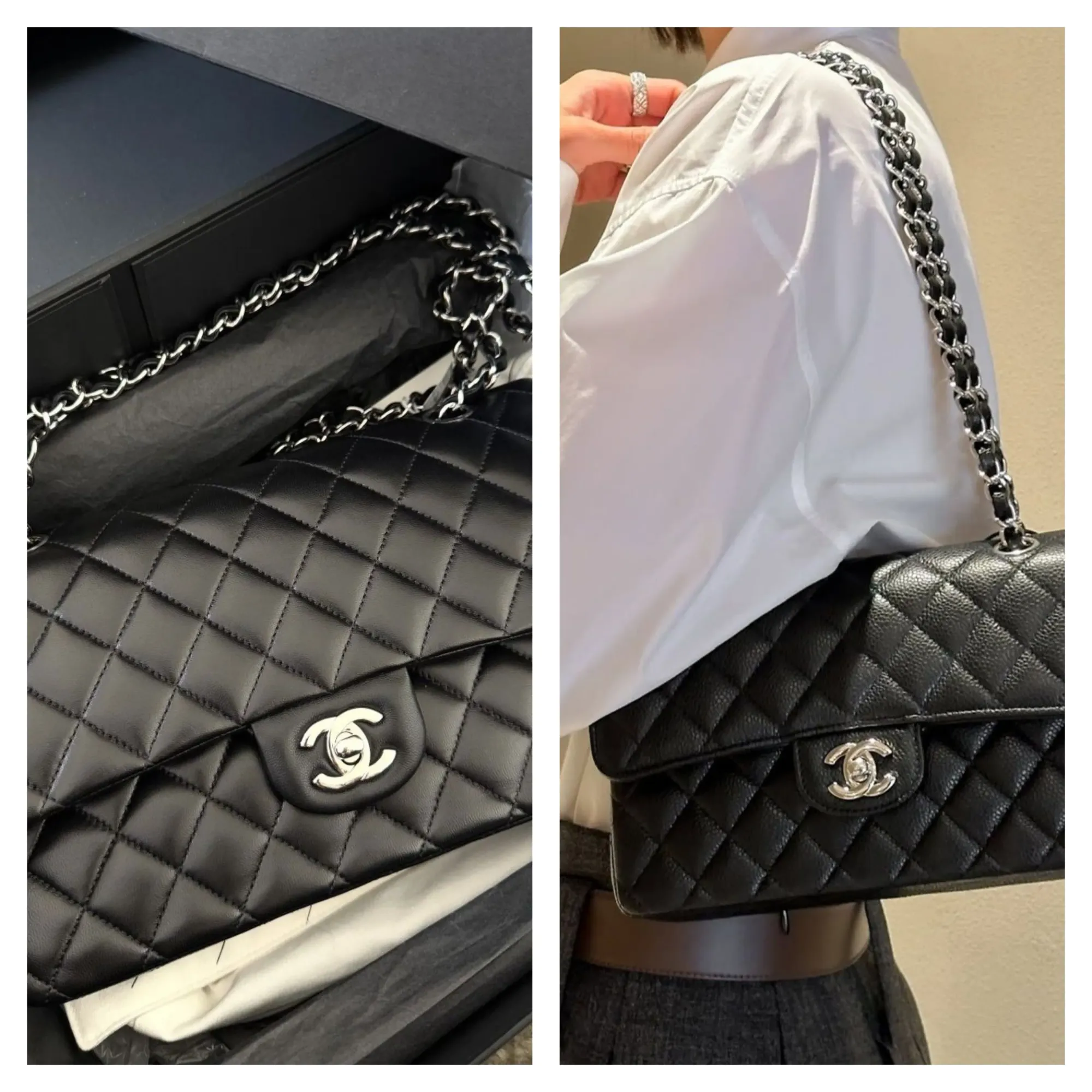 有網民認為銀扣(SHW)Classic Flap 感覺更 modern,同時較容易融入日常 casual 穿搭。左圖為lambskin(羊皮)版本;右圖則係 caviar(牛皮荔枝紋)上身效果。