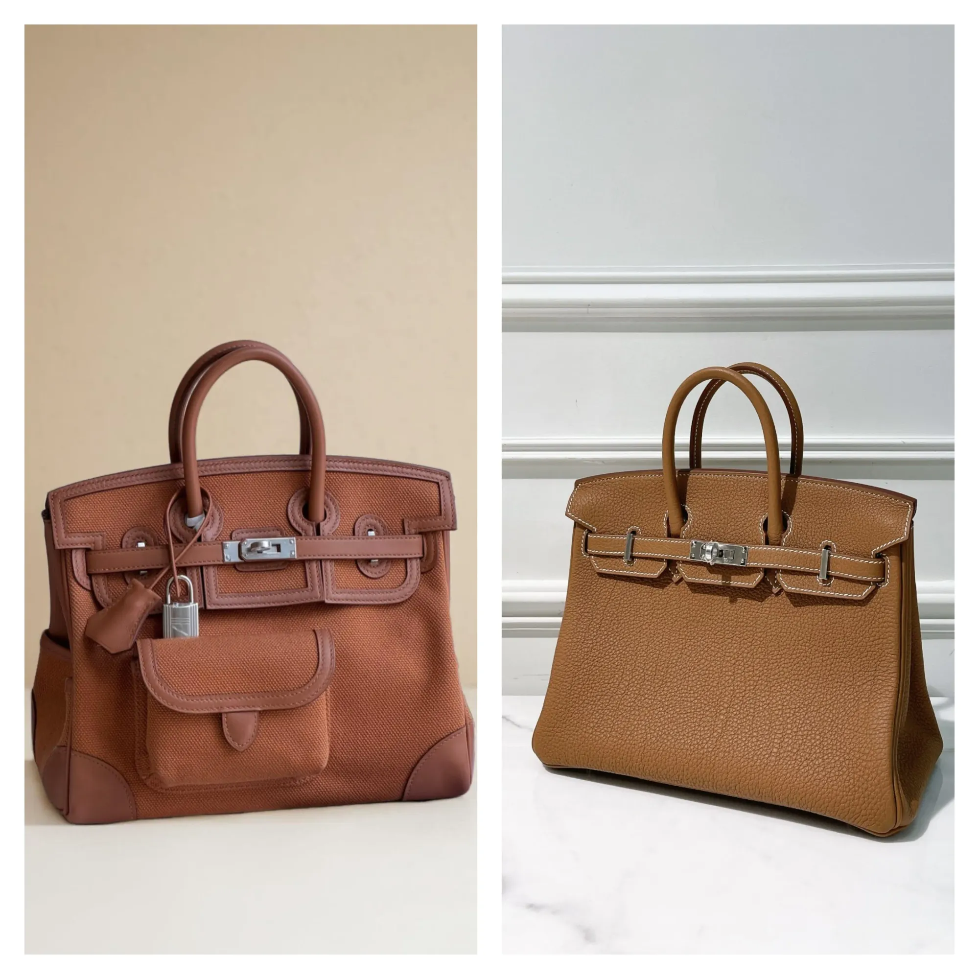 同樣係 Gold 色配銀扣(SHW),(左圖)Hermès Cargo Birkin 25 採用帆布拼皮革設計;(右圖)則係傳統全皮 Birkin 25。相比之下,Cargo Birkin 整體感覺會更輕身,視覺上亦更有休閒感同日常氣氛。