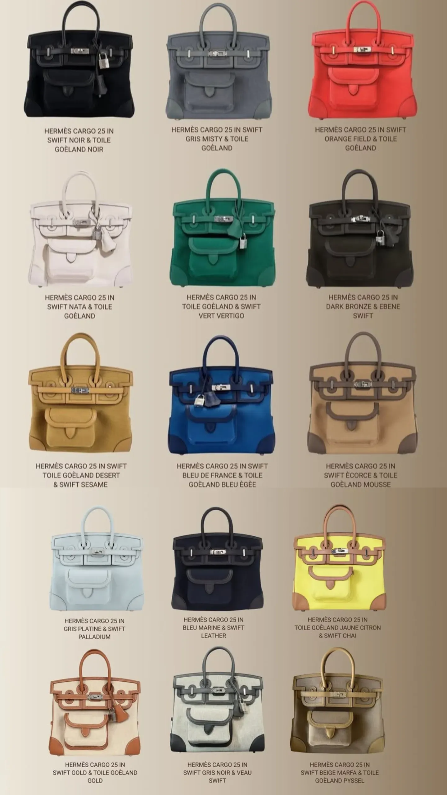 Hermès Cargo Birkin 25&nbsp;歷年推出多款配色組合，包括&nbsp;Noir&nbsp;黑色、Gold&nbsp;金棕、Nata、Orange Field、Bleu de France、Vert Vertigo&nbsp;等。相比傳統&nbsp;Birkin，Cargo&nbsp;採用&nbsp;Swift&nbsp;皮革拼&nbsp;Toile Goéland&nbsp;帆布設計，加上外置口袋同機能感細節，整體風格更偏小眾同造型向，因此近年開始吸引愈來愈多已有基本&nbsp;BKC&nbsp;嘅資深養馬人收藏。