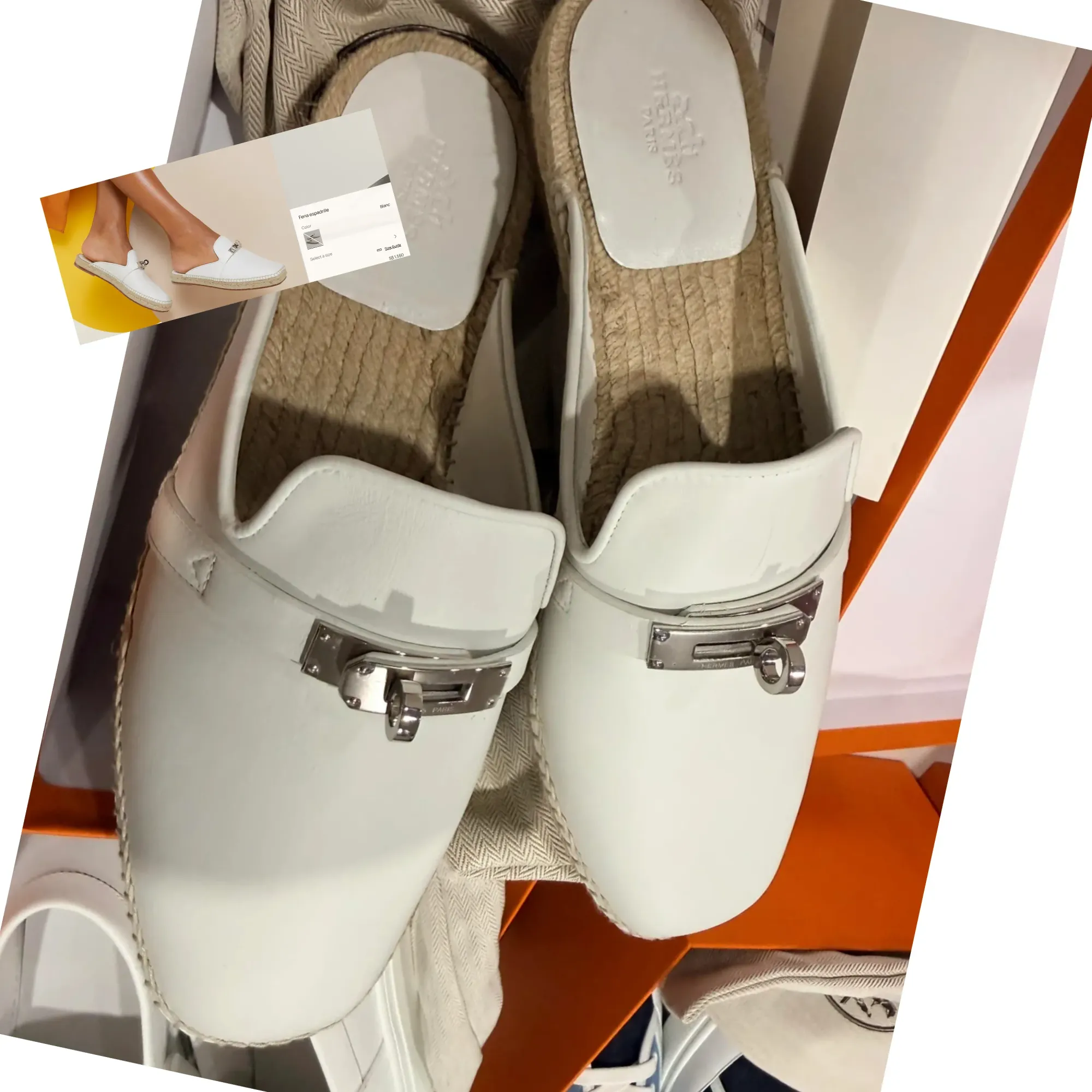 網民分享2026年4月美國NJ Hermès Private Sale戰利品白色Feria espadrille，原價約S$1,550，折合約HKD 9,145。屬現場熱門基本色鞋款之一，當日優先進入鞋履區，白色系選擇較集中，整體以實用及易配搭款式為主