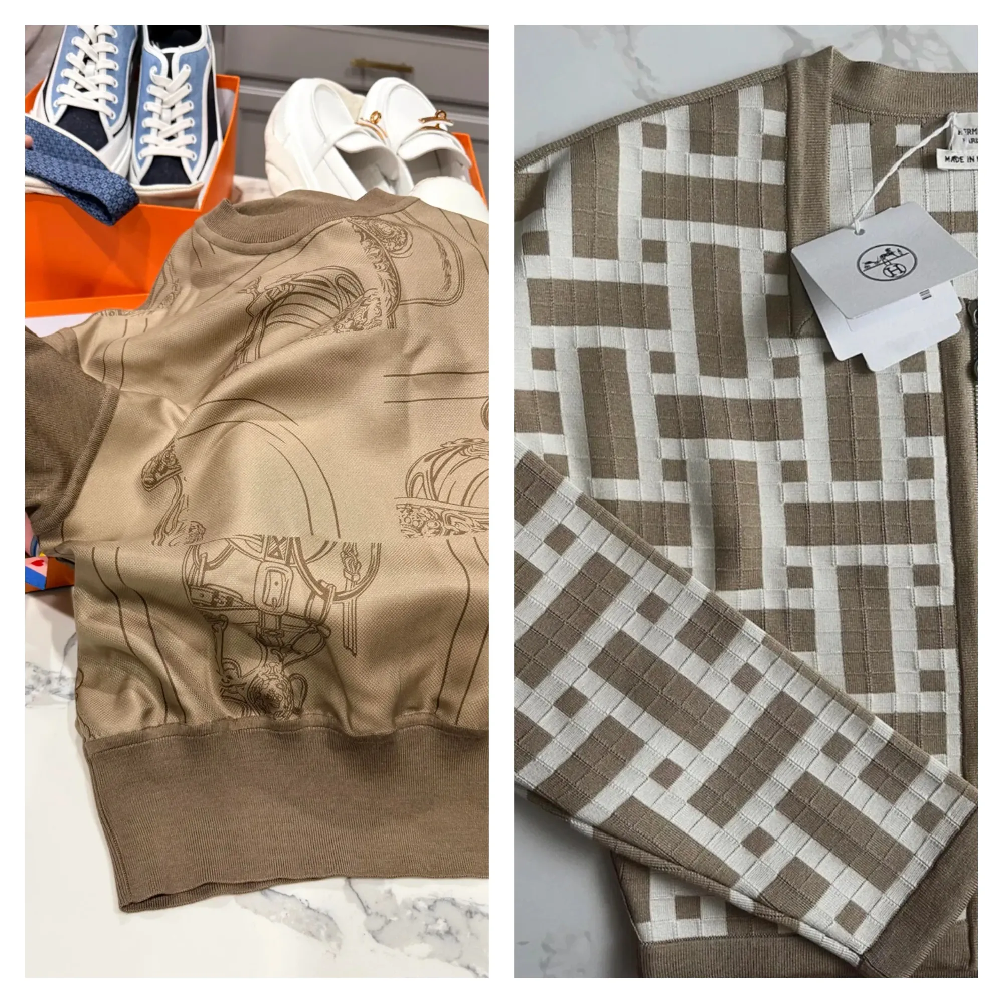 網民分享2026年4月美國NJ Hermès Private Sale成衣戰利品，包括棕色短版上衣及棕色長外套（RTW）。現場成衣以Etoupe、navy、cream及啡色等中性色為主，小碼選擇相對有限，同場亦見cashmere外套及長版設計等高單價單品，折扣約60%