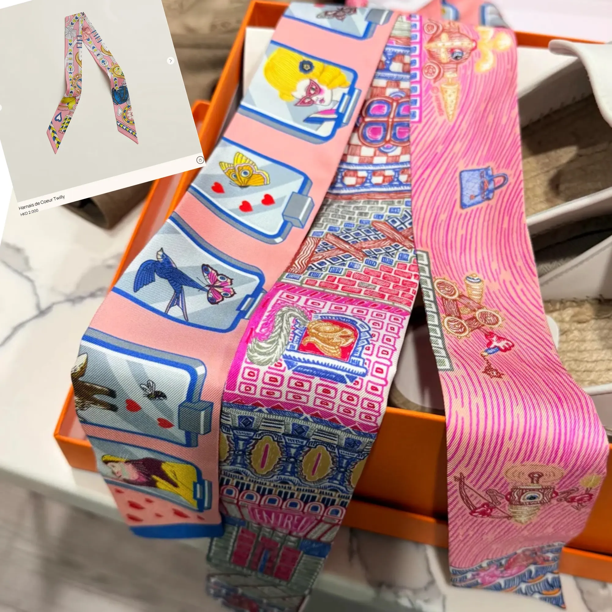 網民分享2026年4月美國NJ Hermès Private Sale入手多條粉色Twilly絲巾，原價約HKD 2,000。現場約15–20款可選，顏色以粉色、藍色及橙色為主，屬配件區後段仍可購入的類別
