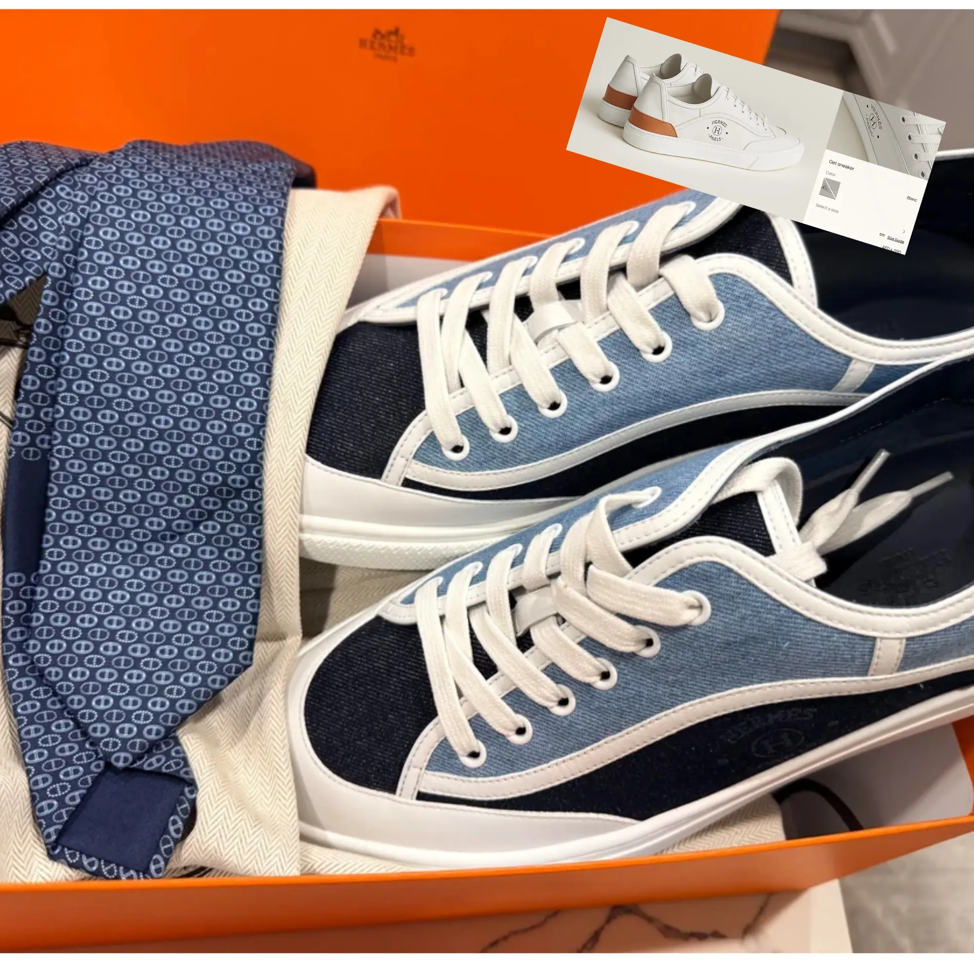 網民分享2026年4月美國NJ Hermès Private Sale戰利品，包括男裝領帶及牛仔有藍色系Get sneaker（參考Sneaker in calfskin with iconic "Hermès Paris" stencil原價約AED 4,090，折合約HKD 8,700）。屬現場較少見亮色鞋款，整體鞋履區仍以中性色為主，藍色屬較吸睛選擇