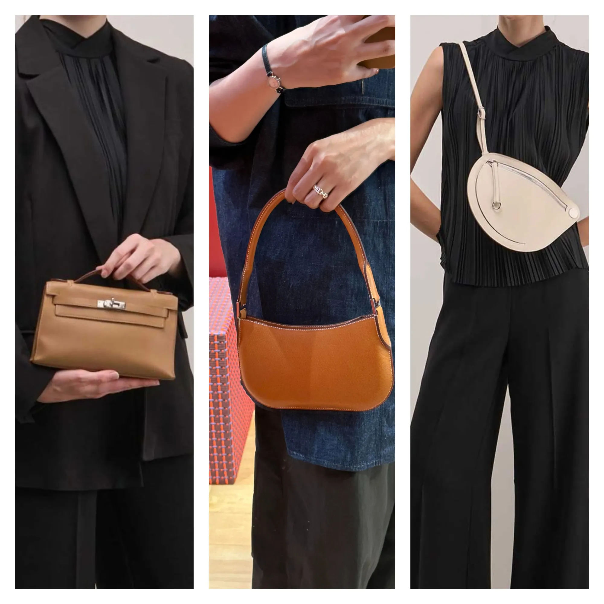 左至右為 Pochette、Le Petit Sac 及 Hermès Petite Course bag,三者同屬小型袋款,但設計取向與結構各有不同。