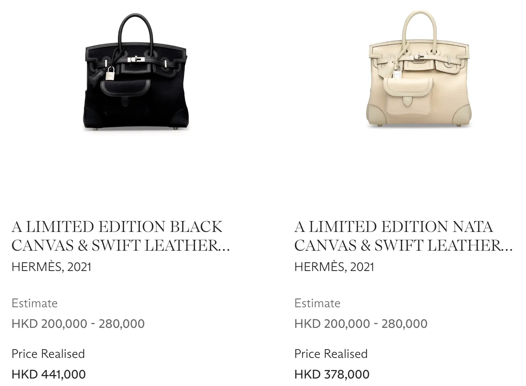 Christie’s 喺 2022 年曾經拍賣兩個 Hermès Cargo Birkin 25,包括黑色 Canvas 配 Swift 皮革款以港幣44.1 萬成交,而 Nata 淺色款則以港幣 37.8 萬成交,反映 Cargo Birkin 系列由推出初期至今約 4 年,市場需求同成交價仍然未見明顯減退。