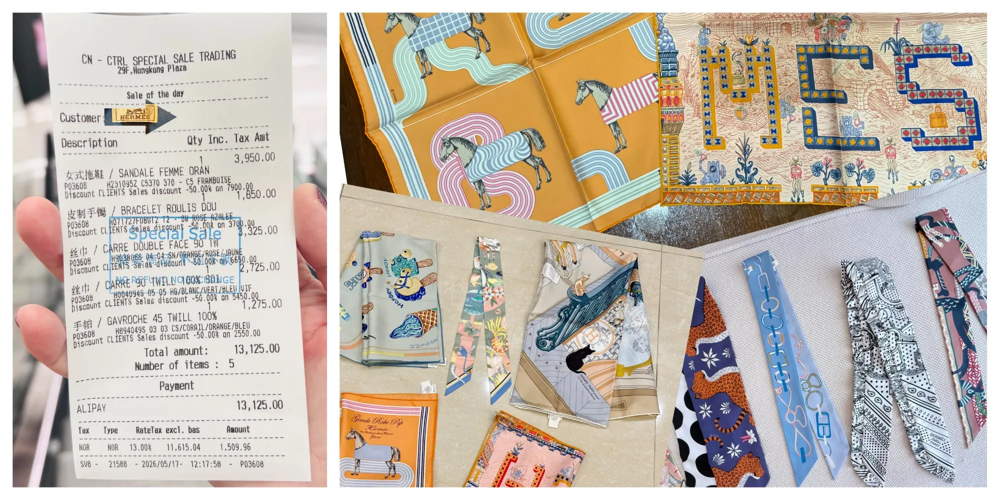 網民分享2026年成都Hermès Private Sale入手多條Twilly及羊絨圍巾,現場絲巾區設有限購安排,Twilly、cashmere披肩、男裝羊絨圍巾及絲巾扣均屬較受關注類別;有參加者公開現場單據,顯示大部分商品享有約50%折扣,而部分羊絨披肩及男裝圍巾於較後時段仍可找到不同款式與配色