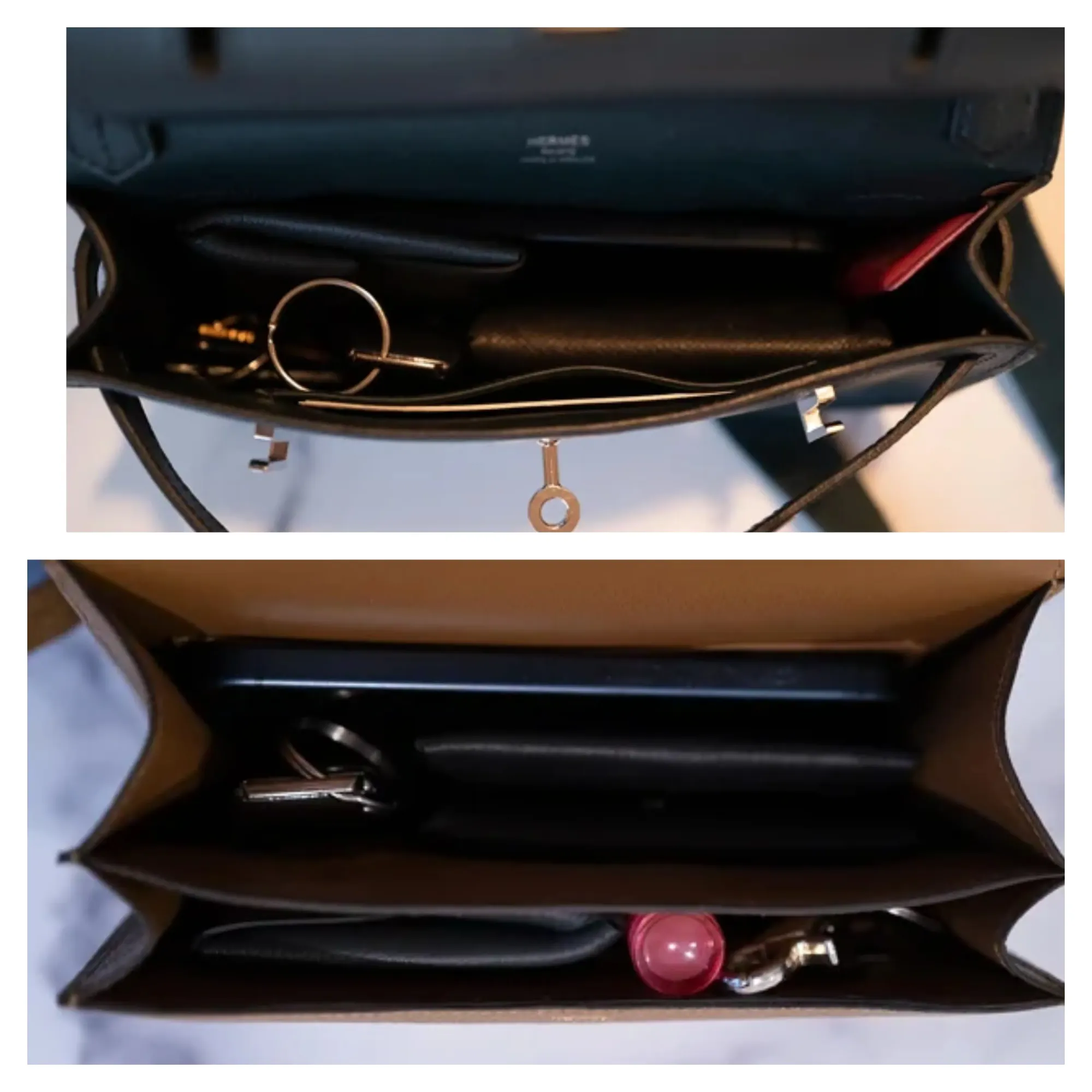 上圖為&nbsp;Mini Jypsiere、下圖為&nbsp;Constance 18，兩款手袋打開後的內部空間與結構對比