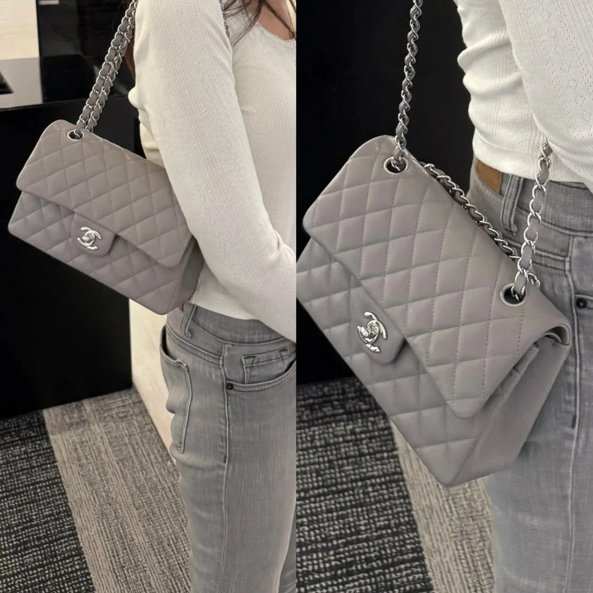 樓主同時試上身灰色 25cm Chanel Classic Flap Bag,seasonal grey 顏色引發留言區大量討論。