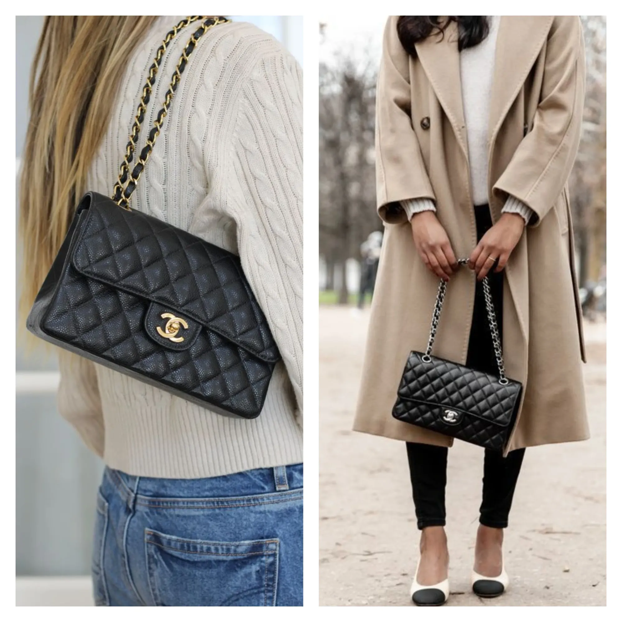 左圖示範黑金 Chanel Classic Flap 配牛仔褲造型;右圖則為黑銀 Classic Flap 配合較正式穿搭。留言區有用家認為,黑金同黑銀其實都可以日常或正式使用,只係呈現出嚟嘅氣質唔同。