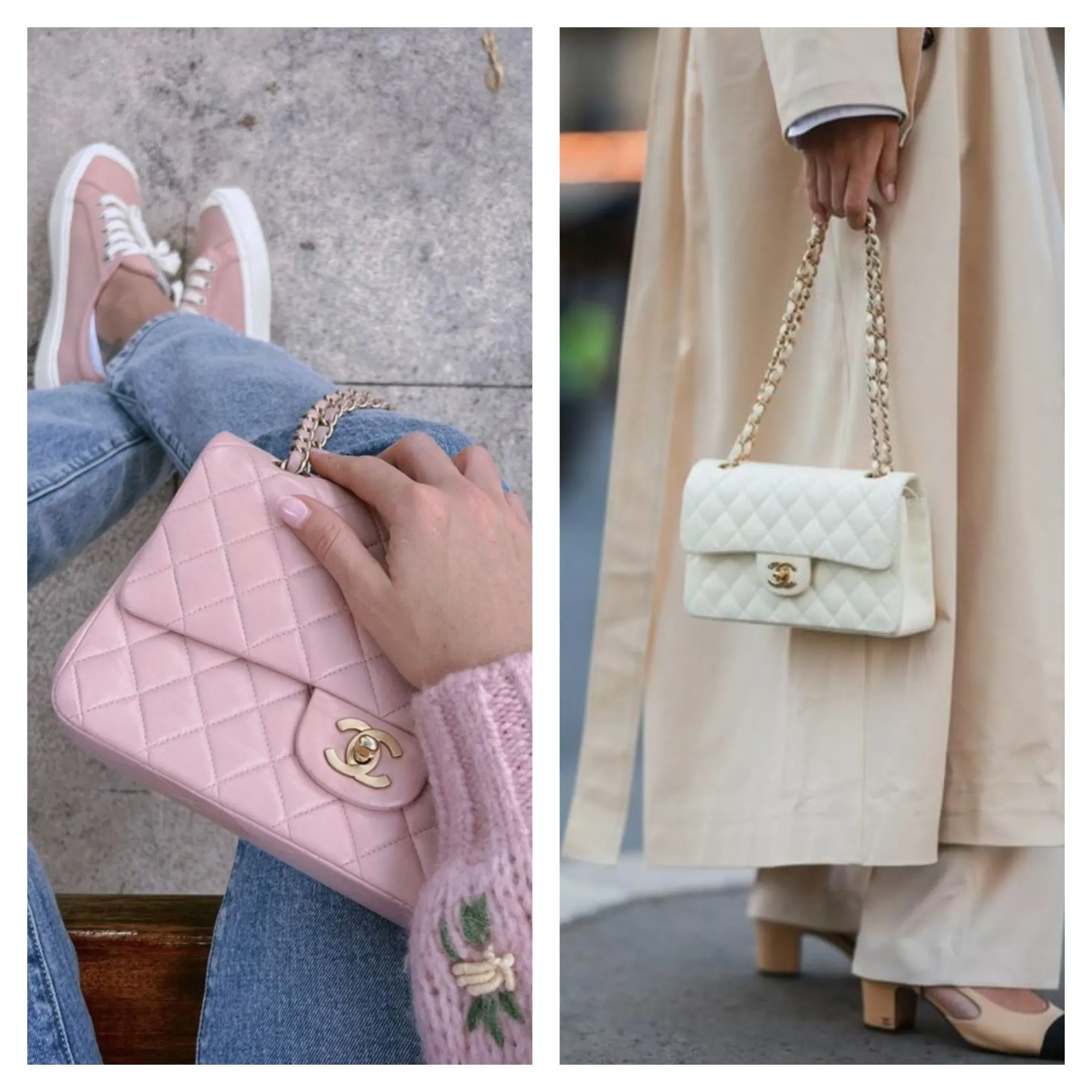 而家愈來愈多人揀 Chanel Classic Flap 時,開始會先考慮今日想行咩感覺(vibe)。同樣係 CF,右圖白色配搭偏 classic 經典感;左圖粉色則更有 modern 現代休閒氣氛。