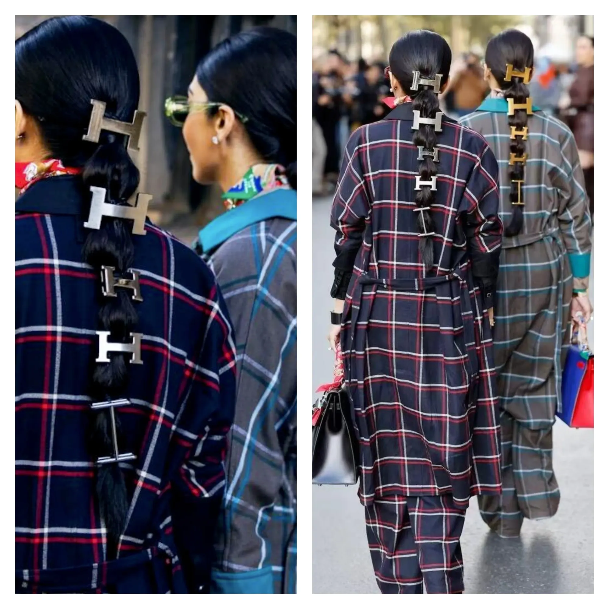 Hermès「H」皮帶扣髮飾將&nbsp;H&nbsp;字皮帶扣繫喺頭髮上，按大小排列，一人金一人銀，令雙人造型更有層次同對比。