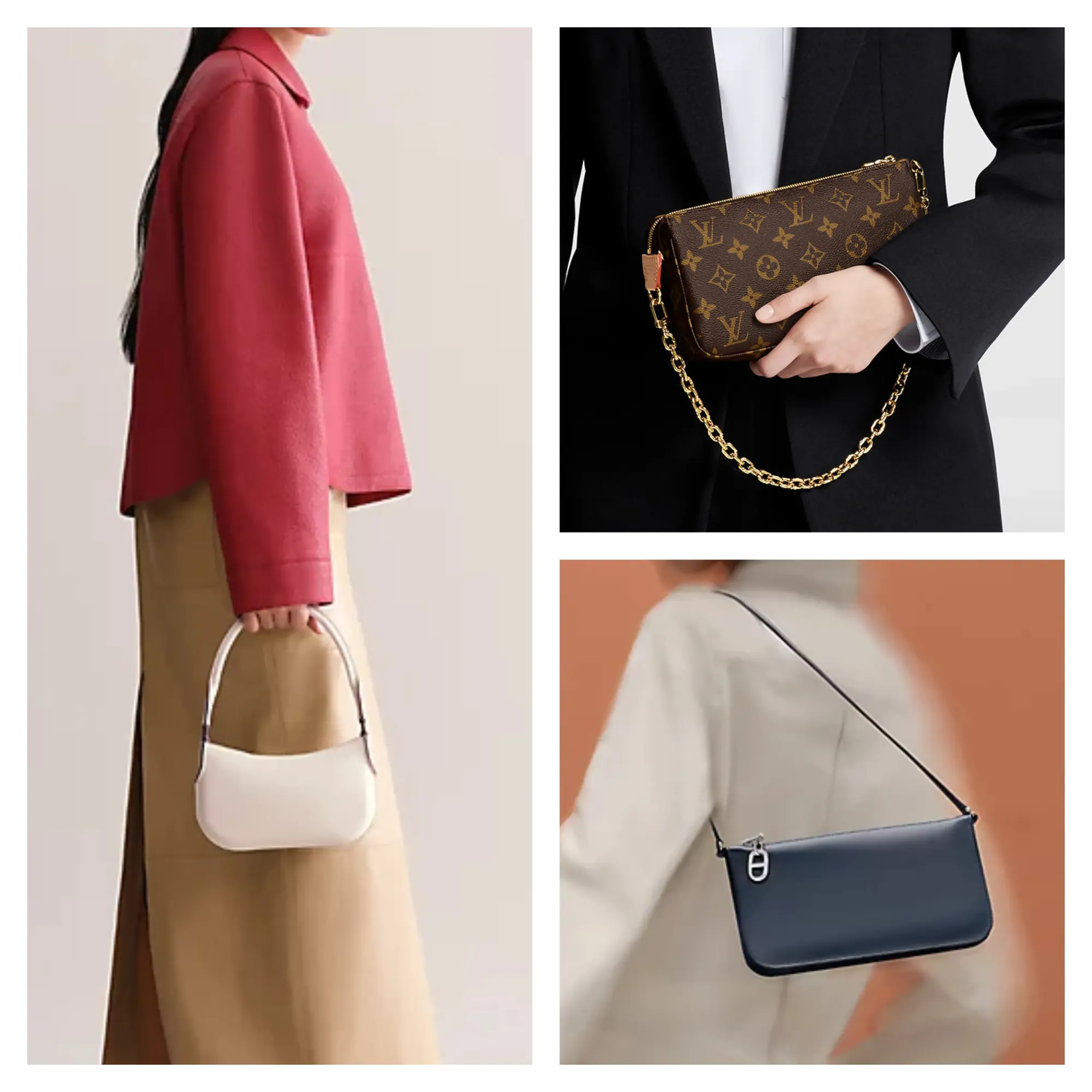 左為 Hermès Le Petit Sac bag,右上為 Louis Vuitton Pochette Accessoires,右下為 Hermès Zipengo Chaine d'Ancre To Go pouch,三款同屬小型袋,但厚度差距直接反映容量同使用取向差異。