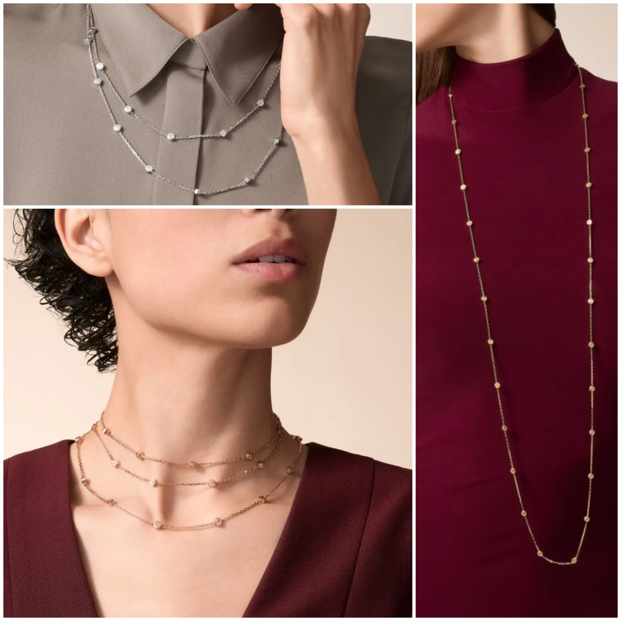 官方造型照示範 LOVE Multi-Wear Necklace 不同佩戴方式,包括長鏈垂墜、雙層及三層纏繞效果,展示同一件珠寶於不同造型下嘅層次變化。