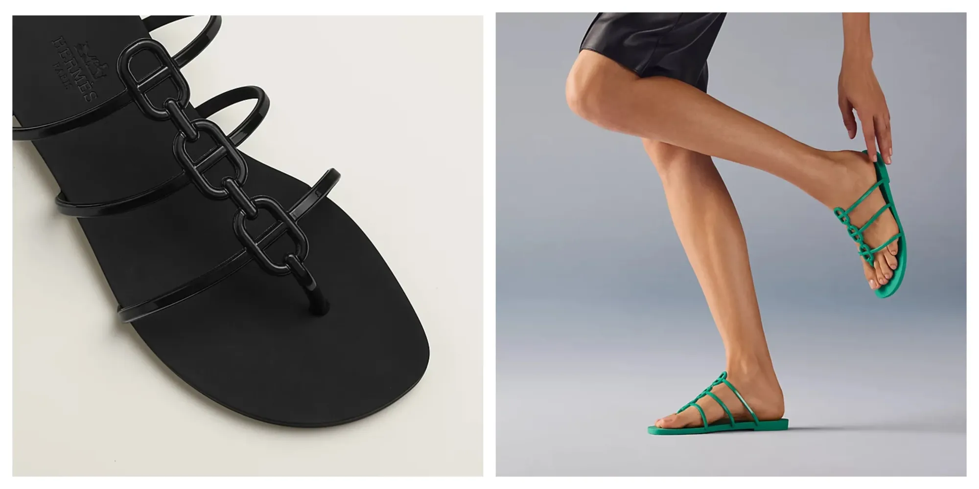 Hermès&nbsp;官方推出&nbsp;Mykonos Sandal&nbsp;黑色（左）及&nbsp;Vert Tourmaline&nbsp;綠色（右）版本，採用防水&nbsp;TPU&nbsp;材質配搭&nbsp;Chaine d’Ancre&nbsp;錨鏈元素，定位介乎泳池鞋與度假涼鞋之間。