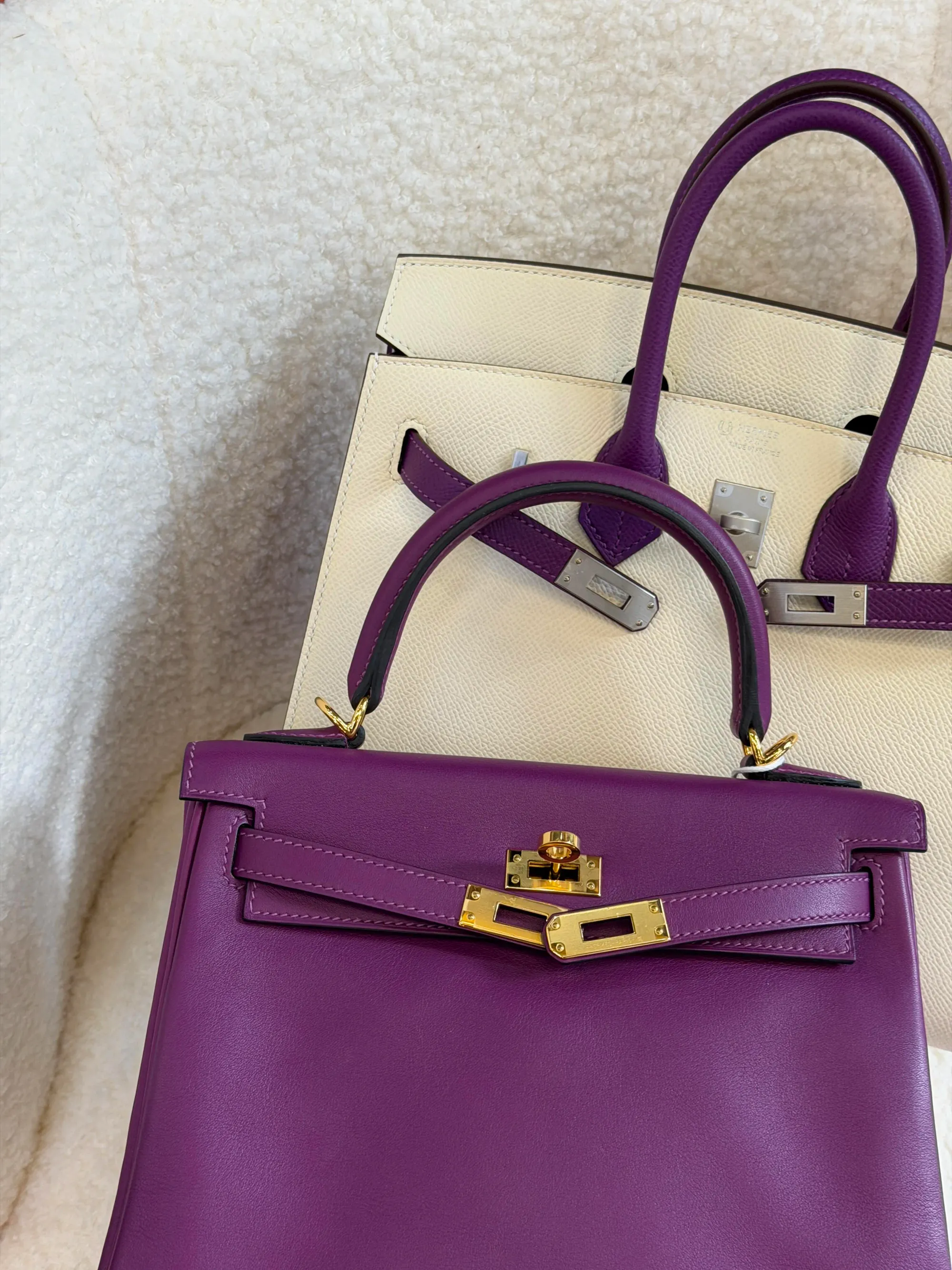 Hermès Birkin / Kelly Anemone #P9（海葵紫）+&nbsp;奶昔白雙色設計實物圖