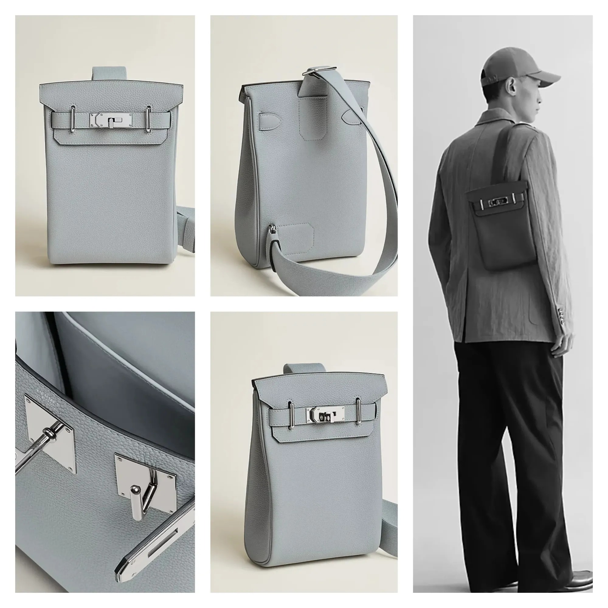 Hermès Hac à Dos PM 背囊(Bleu Glacier)官方產品圖片。設計採用 Togo 小牛皮製作,結合柔軟質感與一定結構性,配備可調節肩帶,可自由切換斜孭或背囊佩戴方式。金屬配件以鈀金屬(Palladium)打造,為整體設計增添低調質感。作為品牌近年男士旅行及日常系列中的實用款式之一,此型號在功能性與簡約設計之間取得平衡。
