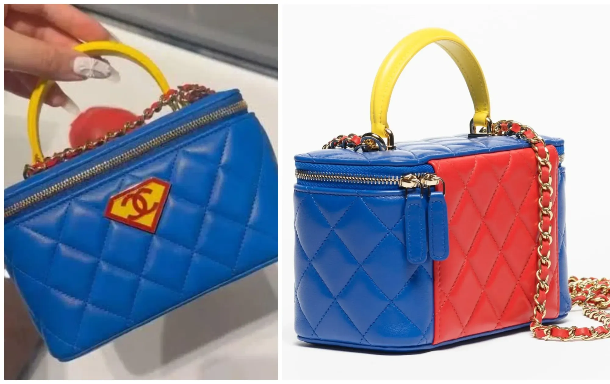 Chanel Superman Vanity Bag正反面設計。今次聯名最具話題性單品之一，亦係系列入面評價最兩極嘅作品。反而Superman冷衫比起Vanity Bag更容易融入日常穿搭