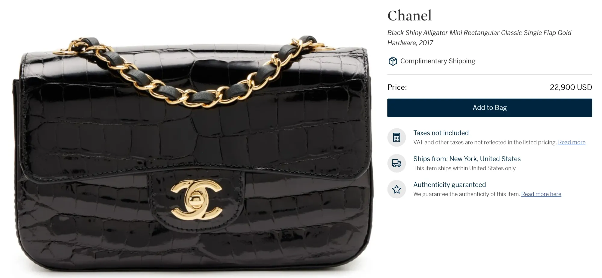 2018至2019年 Chanel Black Alligator Jumbo Classic Double Flap,近期於國際拍賣市場叫價約23,500美元(折合約18.3萬港元)。雖然 Chanel 已停止使用珍稀皮革多年,但相關 Alligator 作品至今仍活躍於國際收藏市場。