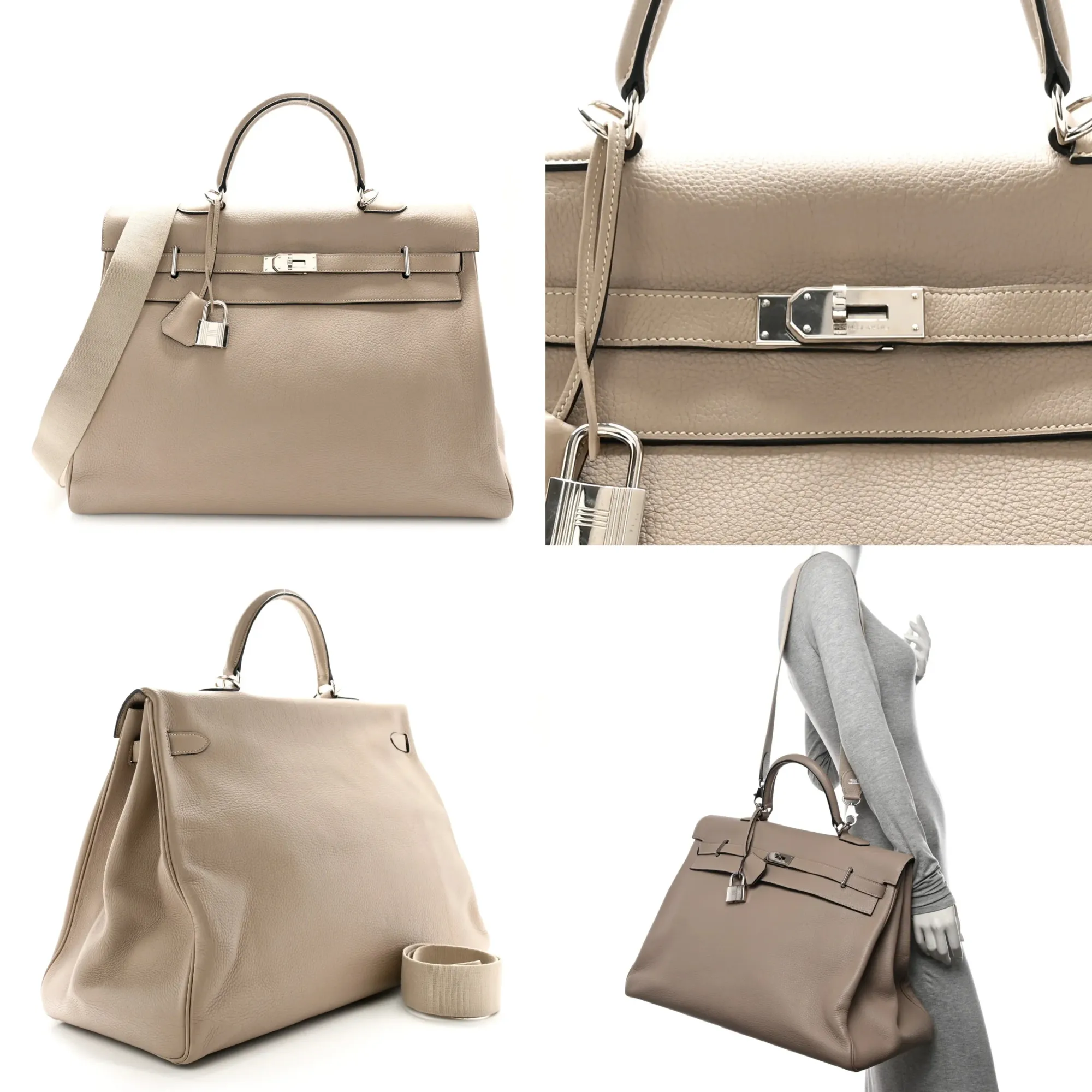 Gris Tourterelle&nbsp;色&nbsp;Taurillon Clemence Kelly Voyage 50。相比市場常見深色版本，淺色系&nbsp;Kelly Voyage&nbsp;流通量相對較少。