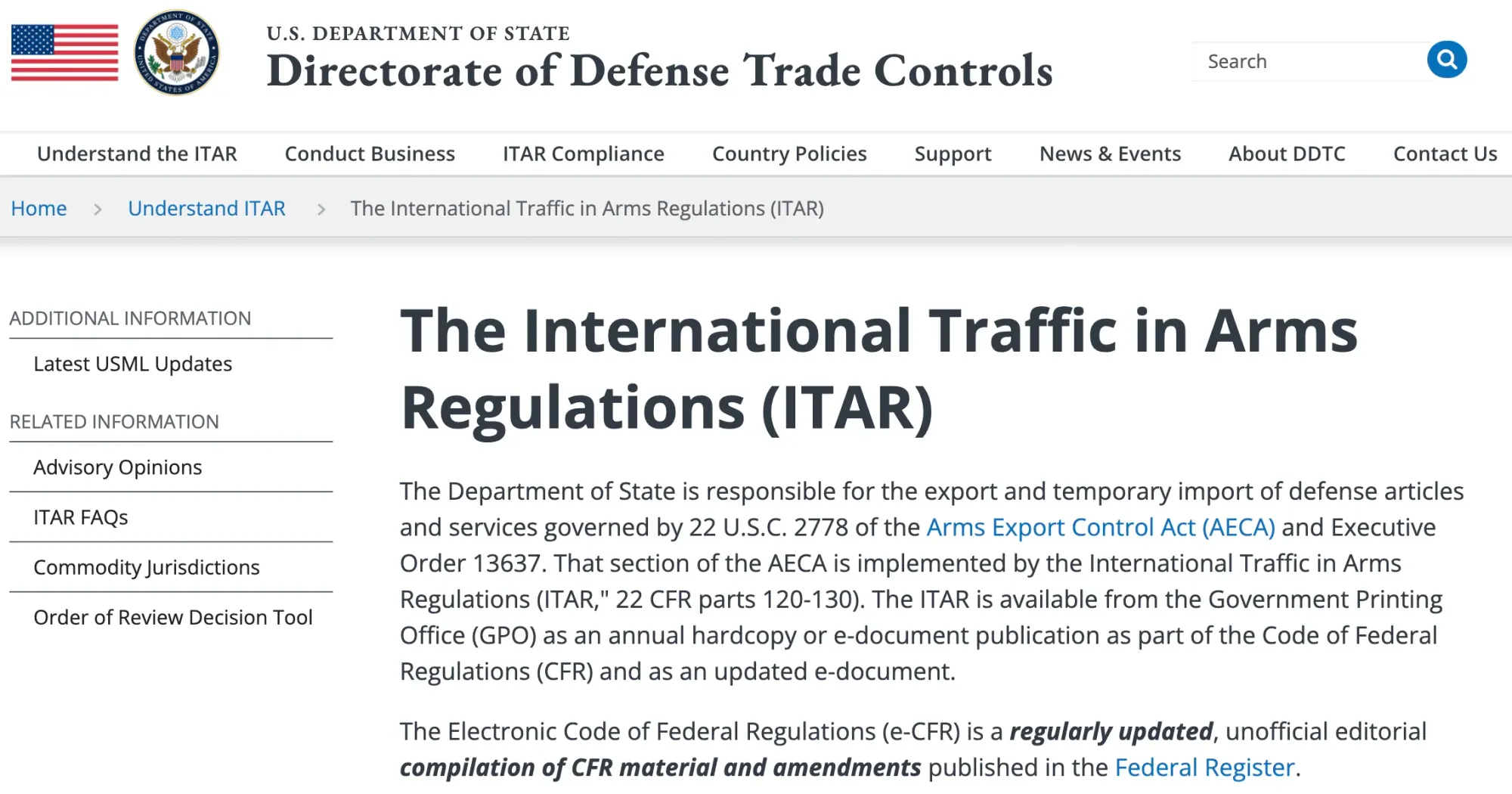 美國嘅《國際武器貿易條例》(ITAR)同埋各項出口管制法律。