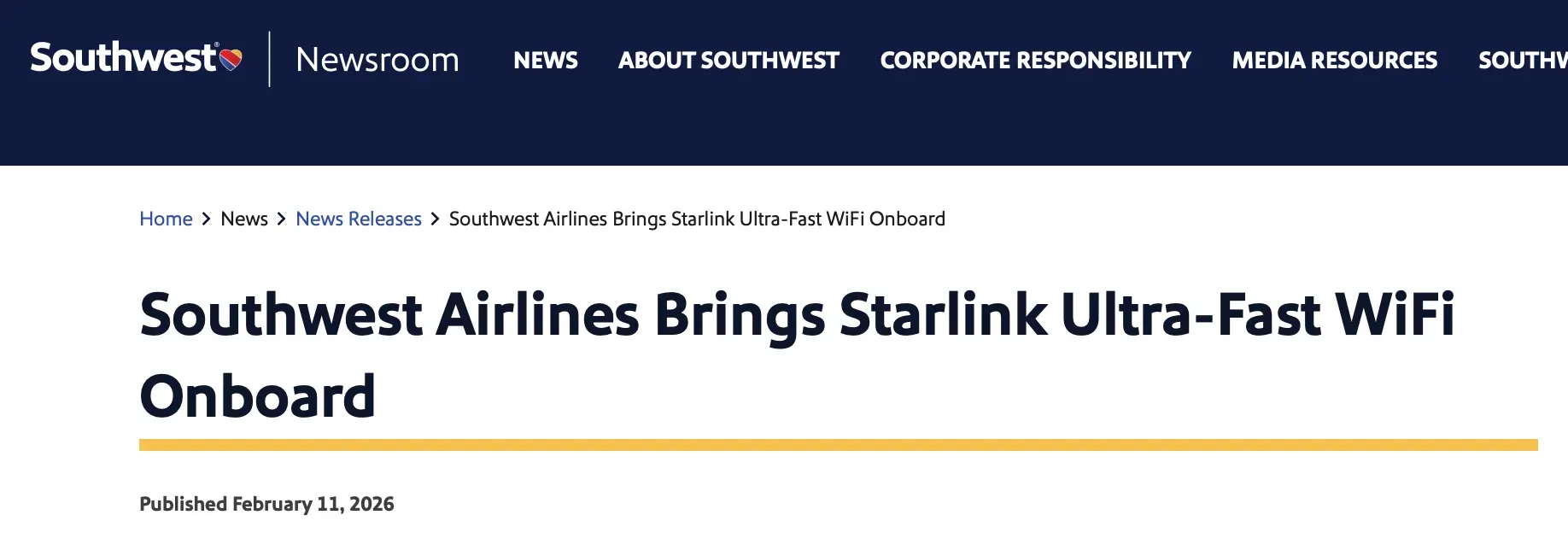 Southwest Airlines (西南航空) 首架 Starlink 航班正式起飛