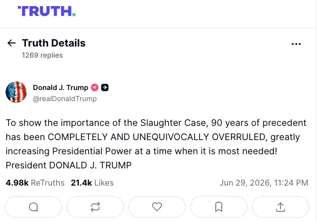 特朗普喺裁決公佈之後，隨即喺旗下社交平台「Truth Social」發表文章慶祝，形容呢次裁決係過去一百年來總統行政權力嘅最大增幅。