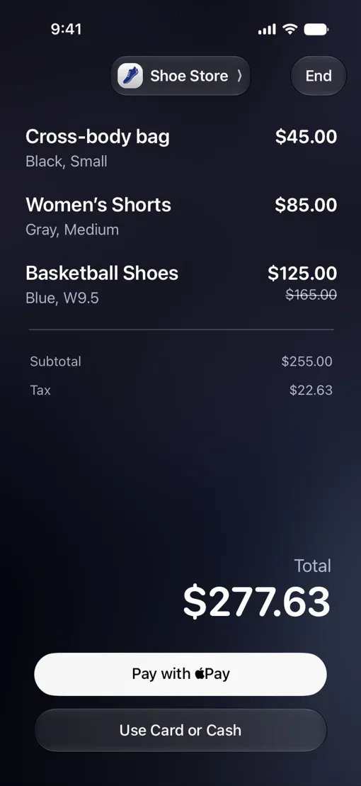 顯示購物車內容並以 Apple Pay 付款