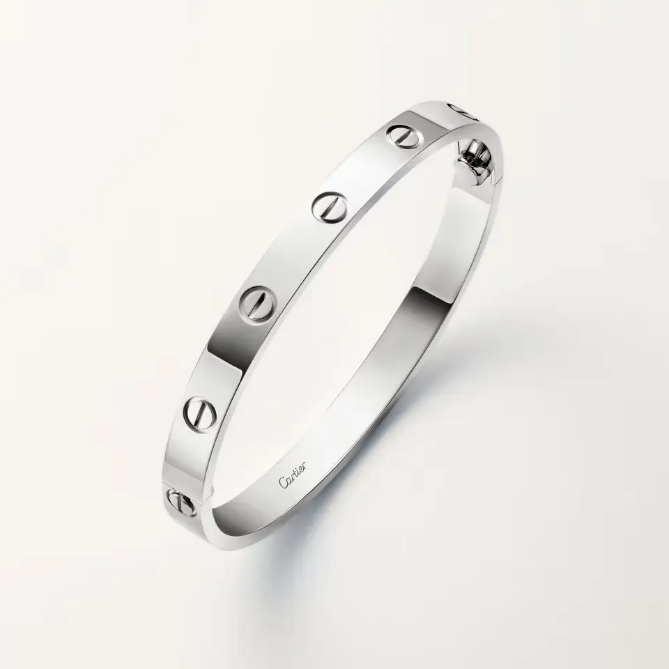 Cartier LOVE手鐲,經典款官方產品圖片,展示18K白金版本設計,保留LOVE系列標誌性螺絲元素及橢圓形輪廓。