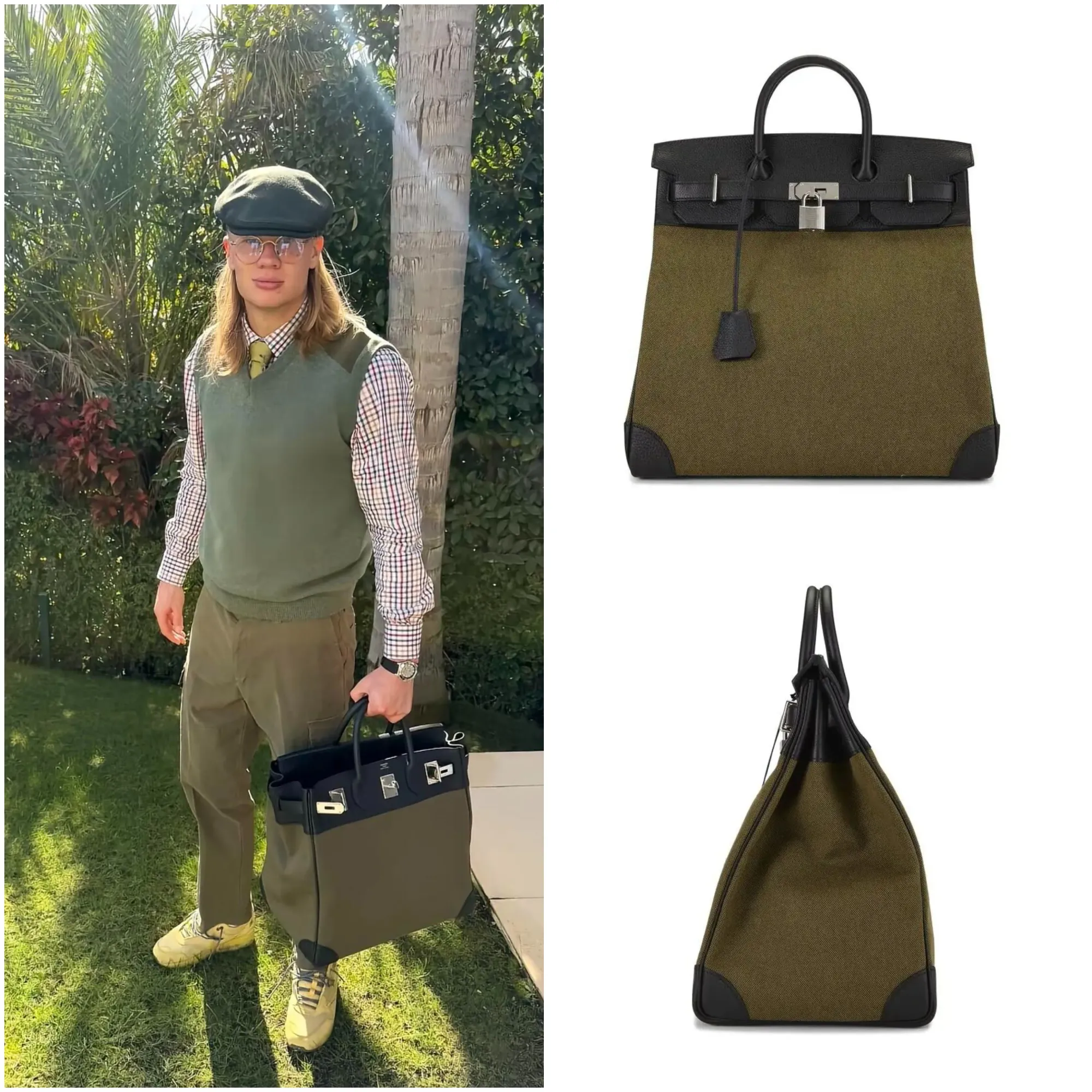 Haaland手持Hermès HAC 40 Toile Black & Vert Militaire Evercalf Palladium Hardware公開亮相。Toile帆布配搭Evercalf小牛皮,令經典HAC兼具輕量化設計及旅行袋所需嘅耐用性。