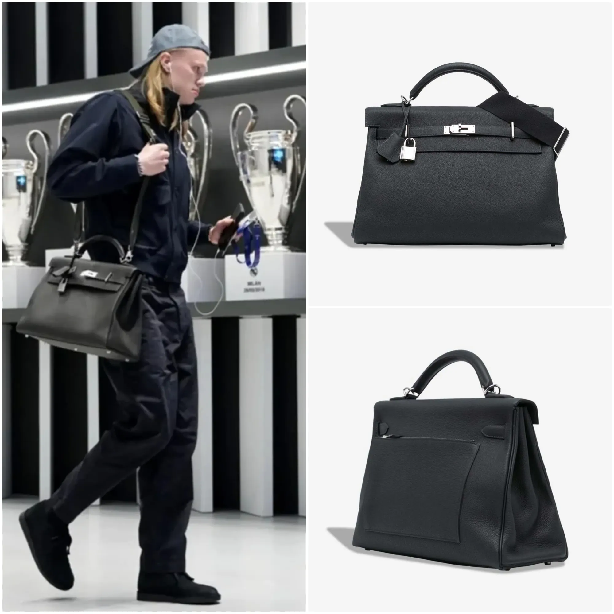 Haaland手持Hermès Kelly 42 Maxi Noir Togo Palladium Hardware公開亮相。大尺寸Kelly近年重新受到Hermès男裝系列及收藏圈關注。
