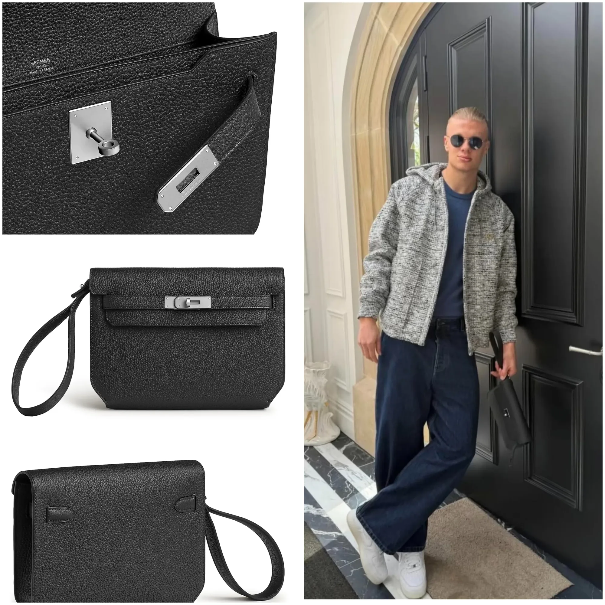 Haaland手持Hermès Kelly Dépêches 25 Togo Black Palladium Hardware公開亮相。Kelly經典轉扣配合方正比例,展現Hermès男士皮具另一種設計方向。