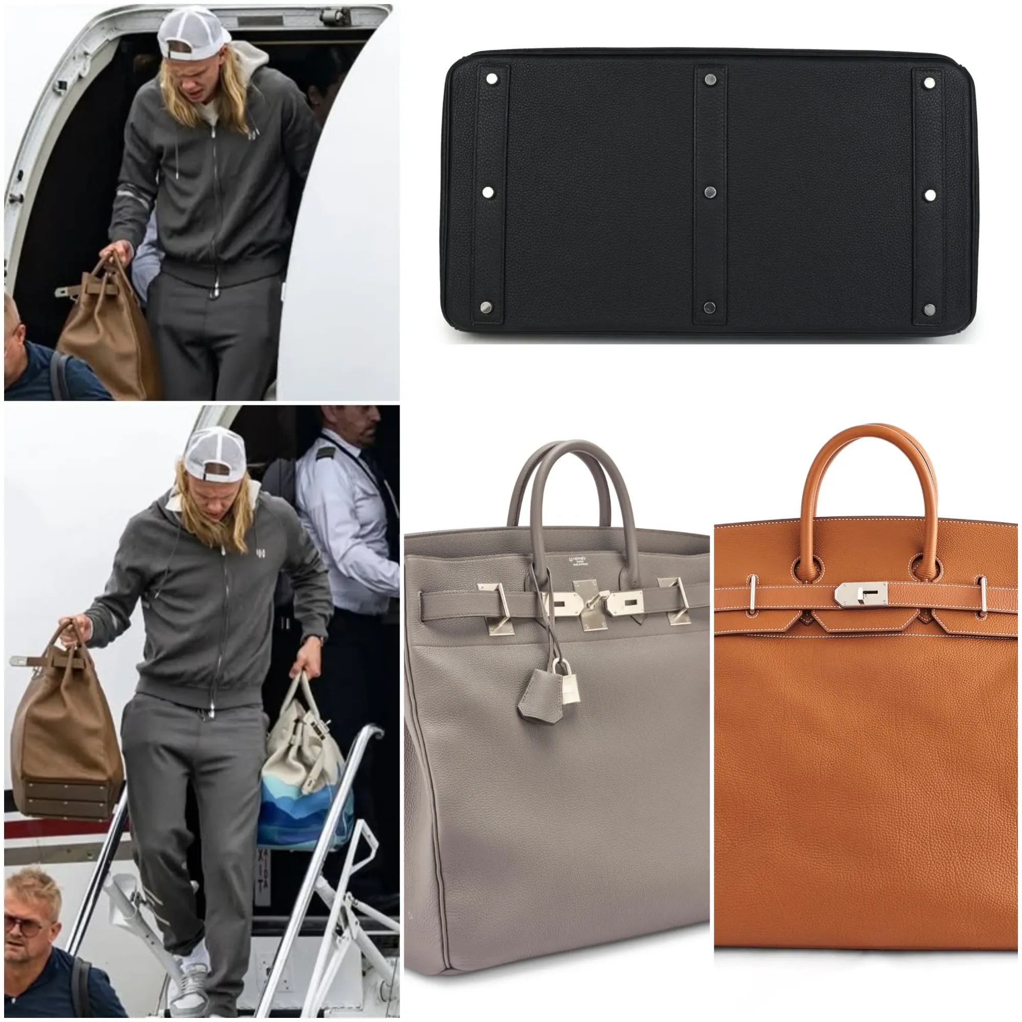 Haaland手持經典Hermès HAC 50 Togo Palladium Hardware公開亮相。相比多款功能風及限量版本,HAC 50回歸Haut à Courroies最純粹嘅旅行袋設計,展現Hermès經典比例與皮革工藝。