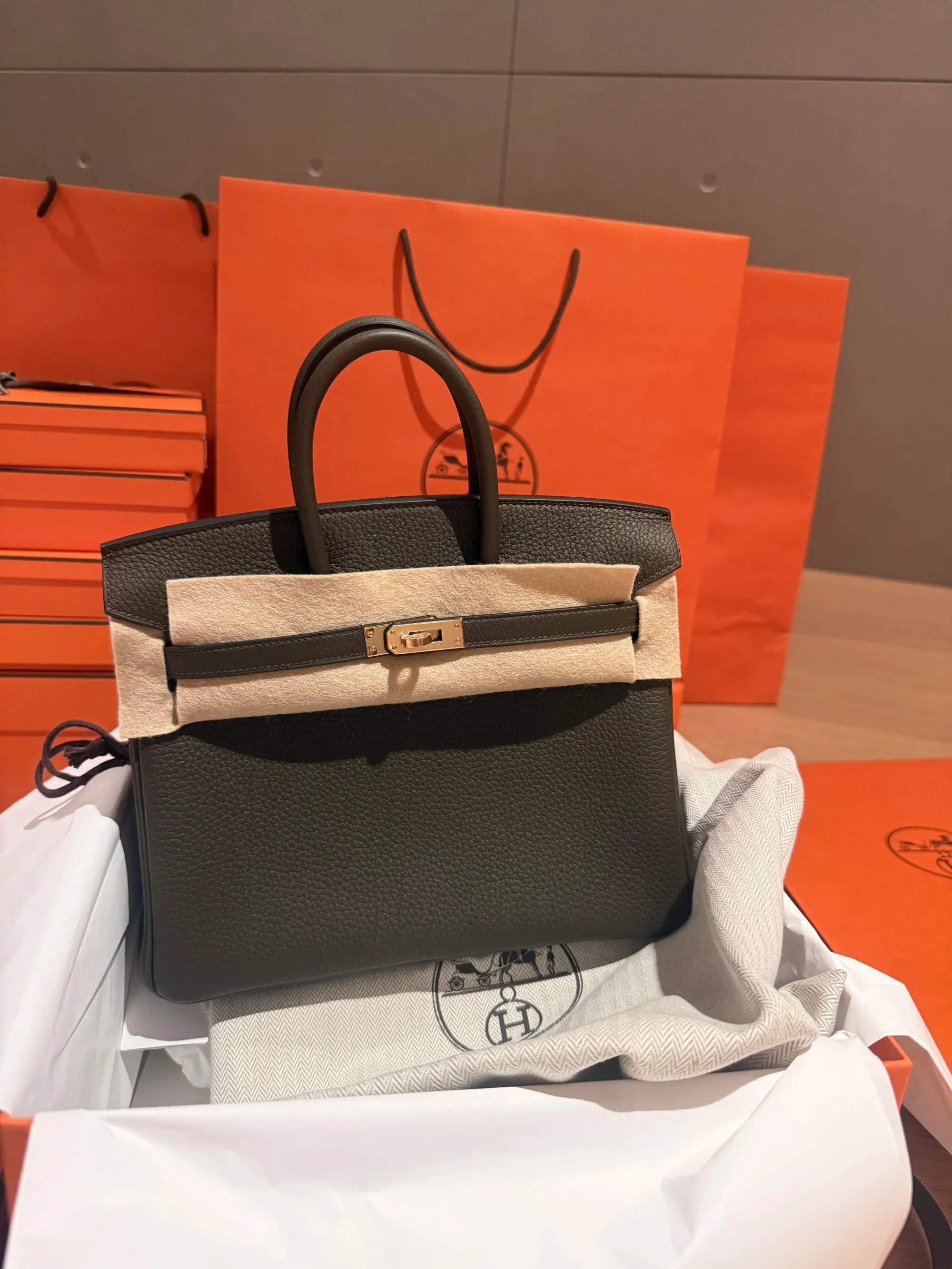 Hermès Birkin 25 Vert Loden(洛登綠)V8實物圖片。Vert Loden以灰綠、橄欖綠及棕灰底調融合,整體觀感比傳統綠色更低調,亦更接近近年Hermès中性色系方向。