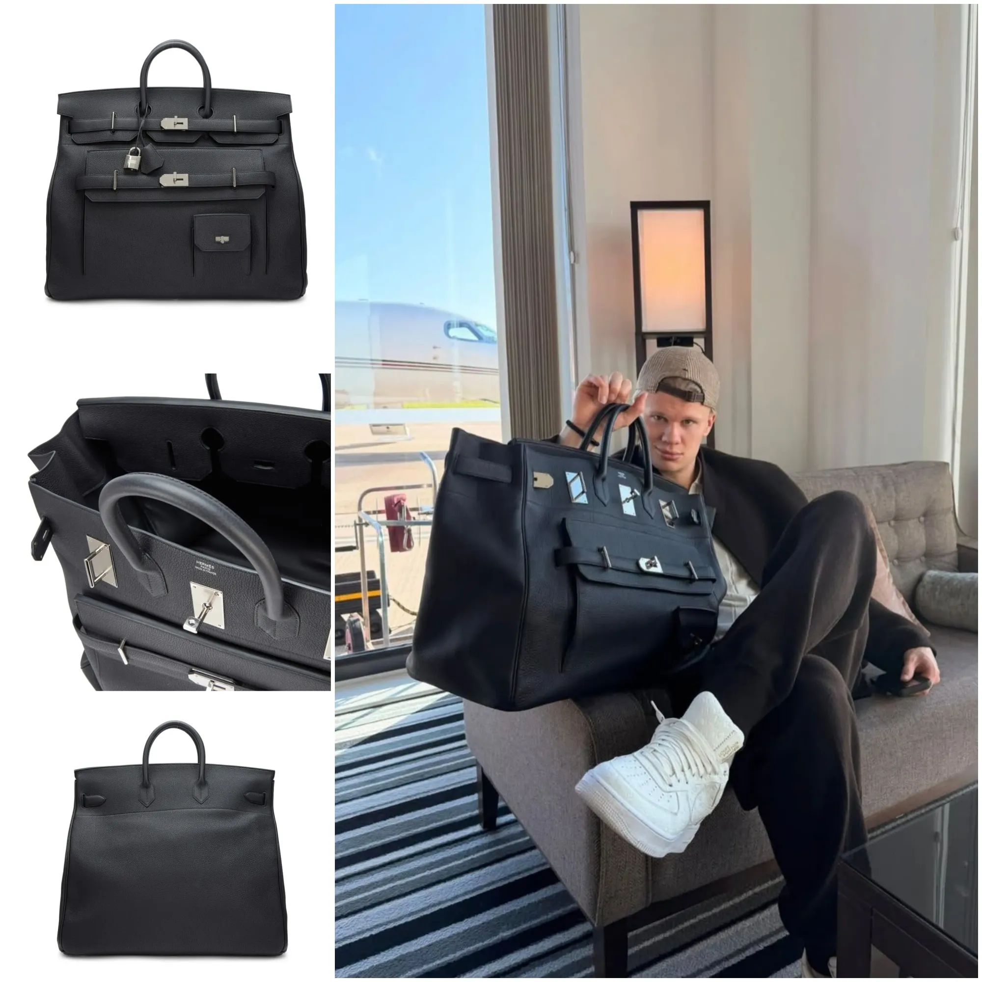Haaland手持Hermès Multipockets HAC 50 Black Togo Palladium Hardware。Multipockets系列於2023秋冬男裝系列推出,以多個大型外置口袋成為近年Hermès男士皮具最具辨識度嘅作品之一。