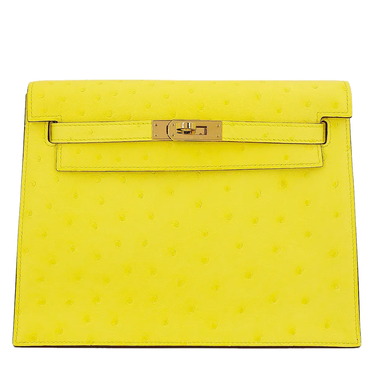 Hermès Kelly Danse Jaune Citron(檸檬黃)9N Ostrich鴕鳥皮實物圖片。Jaune Citron偏向冷調檸檬黃色,帶有輕微青黃色感覺,與Jaune Mango嘅暖黃路線形成明顯對比。