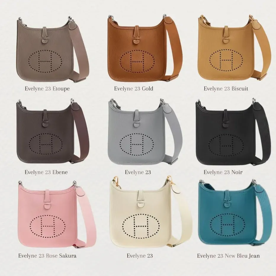 Hermès&nbsp;官方展示&nbsp;Evelyne 23&nbsp;多款顏色選擇，包括三大經典色&nbsp;Gold (金色)、Noir(黑色)、Etoupe（大象灰）以及粉色系等。豐富配色亦係&nbsp;Evelyne 23&nbsp;吸引不同用家嘅原因之一。