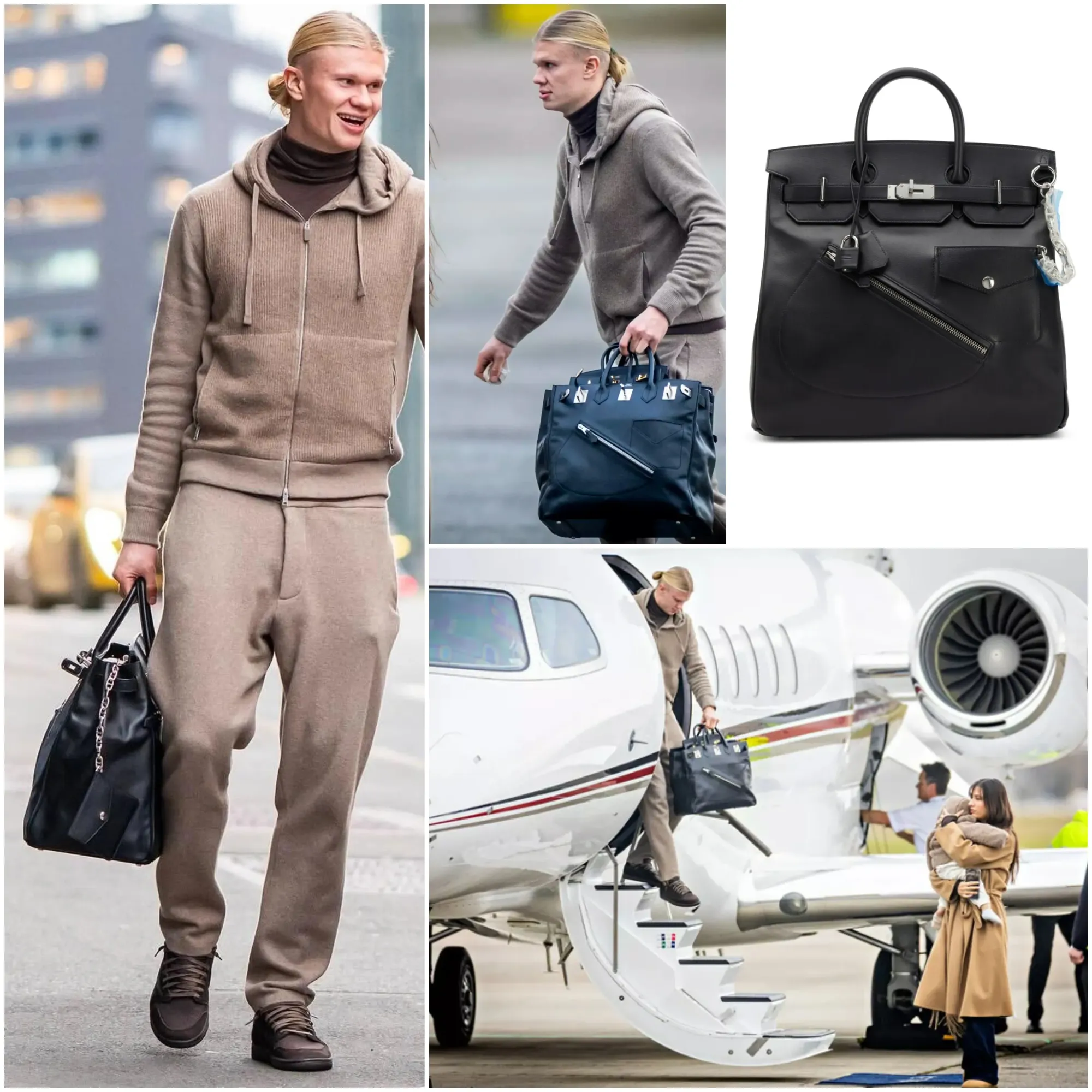 Haaland手持Hermès Limited Edition Black Volupto Rock HAC 40 Palladium Hardware。Volupto Rock HAC結合斜向拉鏈、Chaîne d'Ancre金屬元素及機能風細節,屬Hermès近年男裝系列較具代表性嘅限量設計。