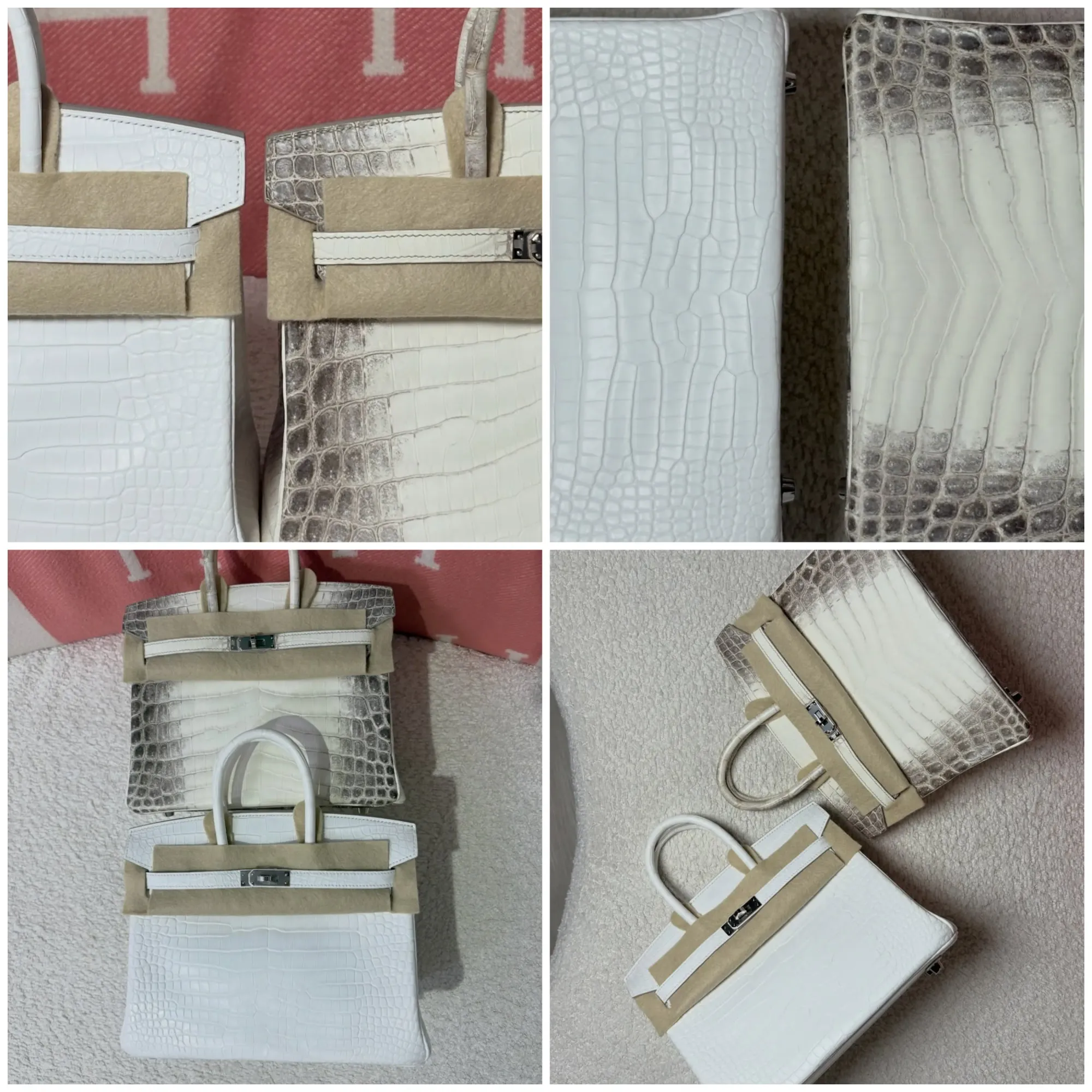 Hermès Himalaya與Crème Chantilly對比圖片。兩者均屬Exotic Leather收藏級淺色方向,但Himalaya著重漸變效果,而Crème Chantilly則以純淨奶白色調突出皮革質感。