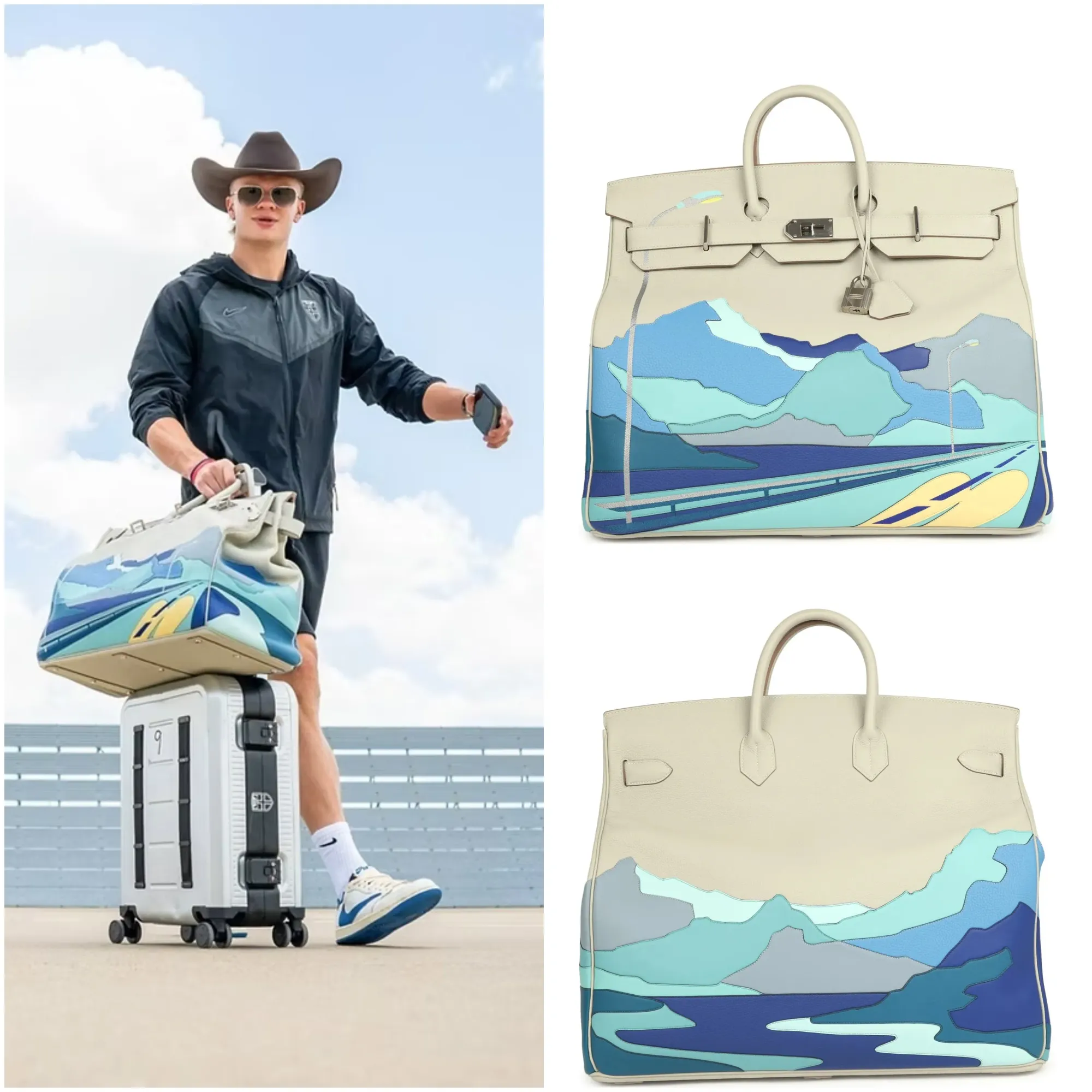 Haaland日常外出時手持Hermès HAC 50「Endless Road」Gris Perle Togo Palladium Hardware。由多塊皮革拼接配合刺繡細節組成嘅「Endless Road」圖案,係Hermès近年男裝系列最具辨識度嘅設計之一。