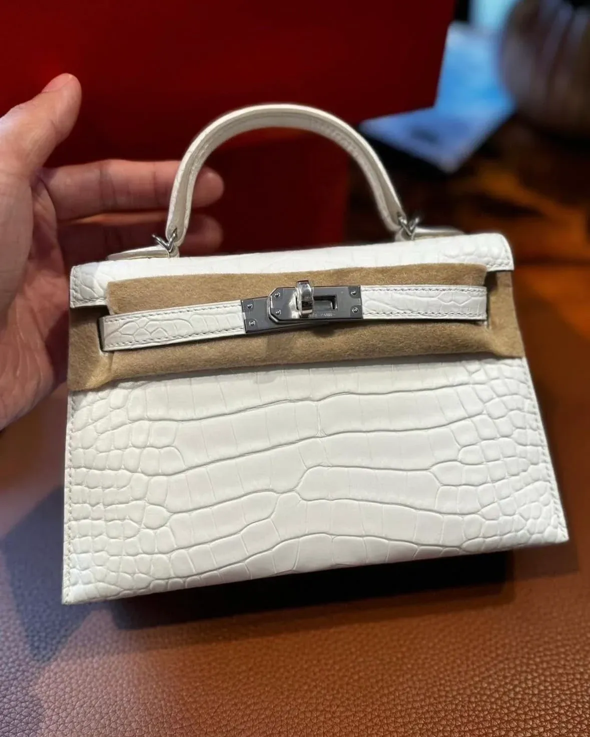 Hermès Mini Kelly II Crème Chantilly(香緹奶油白)Porosus Crocodile配Palladium Hardware實物圖片。Crème Chantilly呈現介乎象牙白與奶白之間嘅柔和色調,帶有淡淡骨瓷白質感。於Porosus Crocodile珍稀皮革上,能更清晰展現鱗片紋理及細膩光影變化。