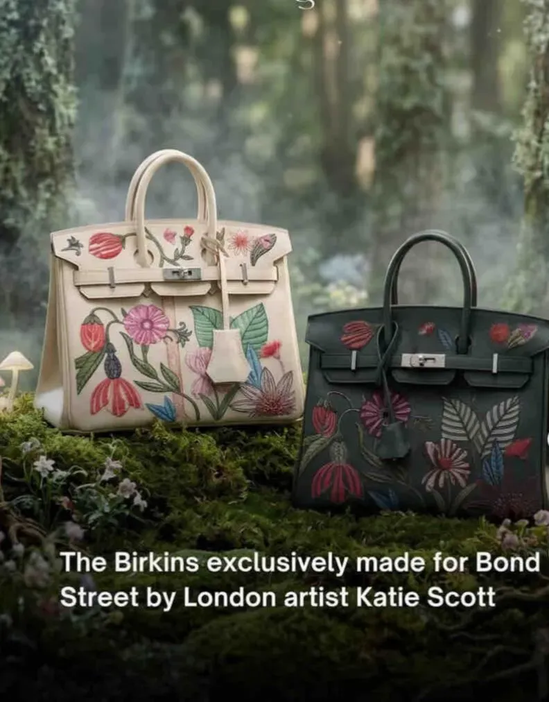 Hermès於Bond Street Maison展示兩款採用Katie Scott「Precious Paradise」刺繡設計嘅Birkin,包括Nata Swift Birkin 20 Retourne及Noir Swift Birkin 25 Retourne。兩款作品並非Hermès官方公布嘅開幕限定商品,但因設計及工藝特色,成為海外Hermès收藏家社群熱烈討論嘅焦點。
