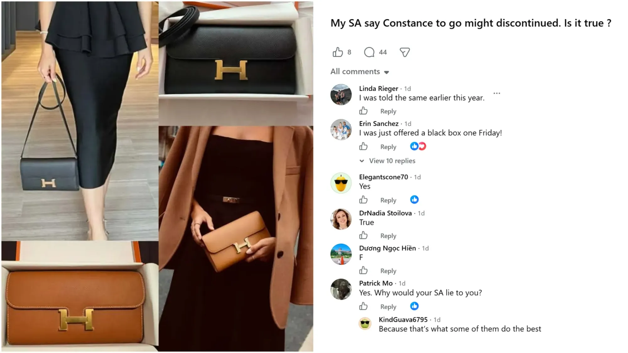 另一個Hermès收藏群組亦流傳Constance To Go可能停產,多名會員表示曾從不同SA聽到類似消息,但目前仍未獲官方證實。