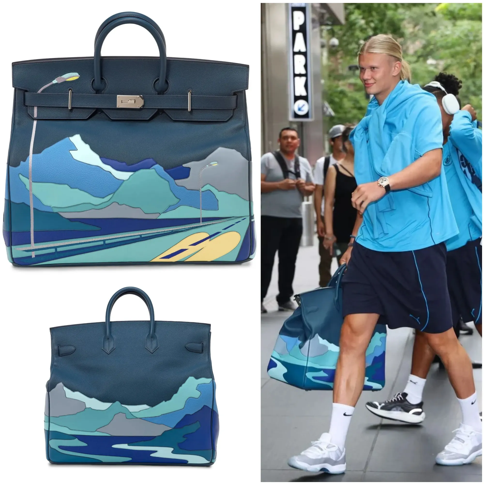 Haaland手持Hermès HAC 50「Endless Road」Bleu de Prusse版本。作品結合Togo、Swift及Clemence三種皮革,以Patchwork拼接呈現Endless Road圖案,屬Hermès男裝系列代表性設計之一。