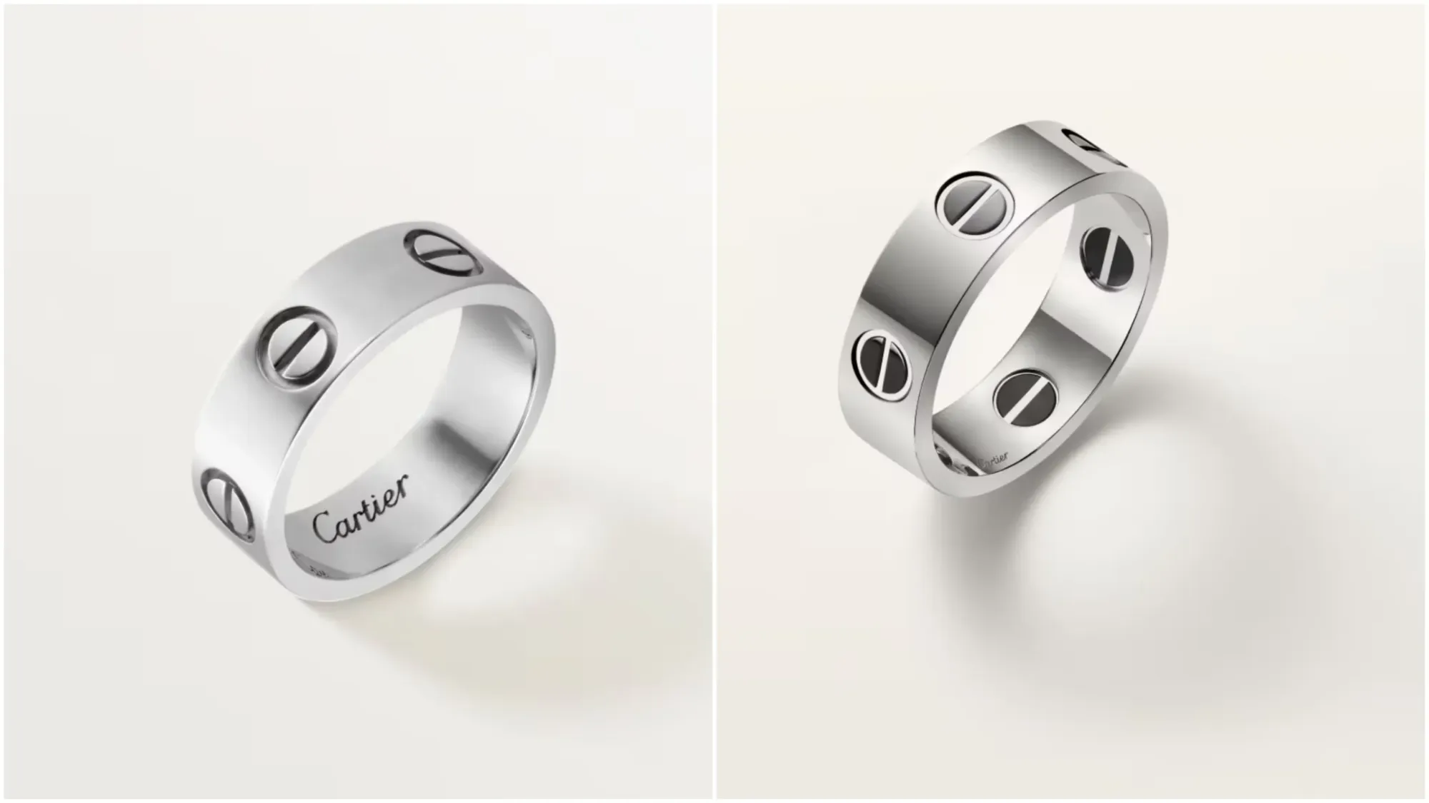 Cartier LOVE戒指,經典款與陶瓷版本對比。左圖為18K白金版本,右圖為加入黑色陶瓷的Classic Model Ceramic,兩者維持相同設計比例,但因材質不同呈現不同視覺風格。