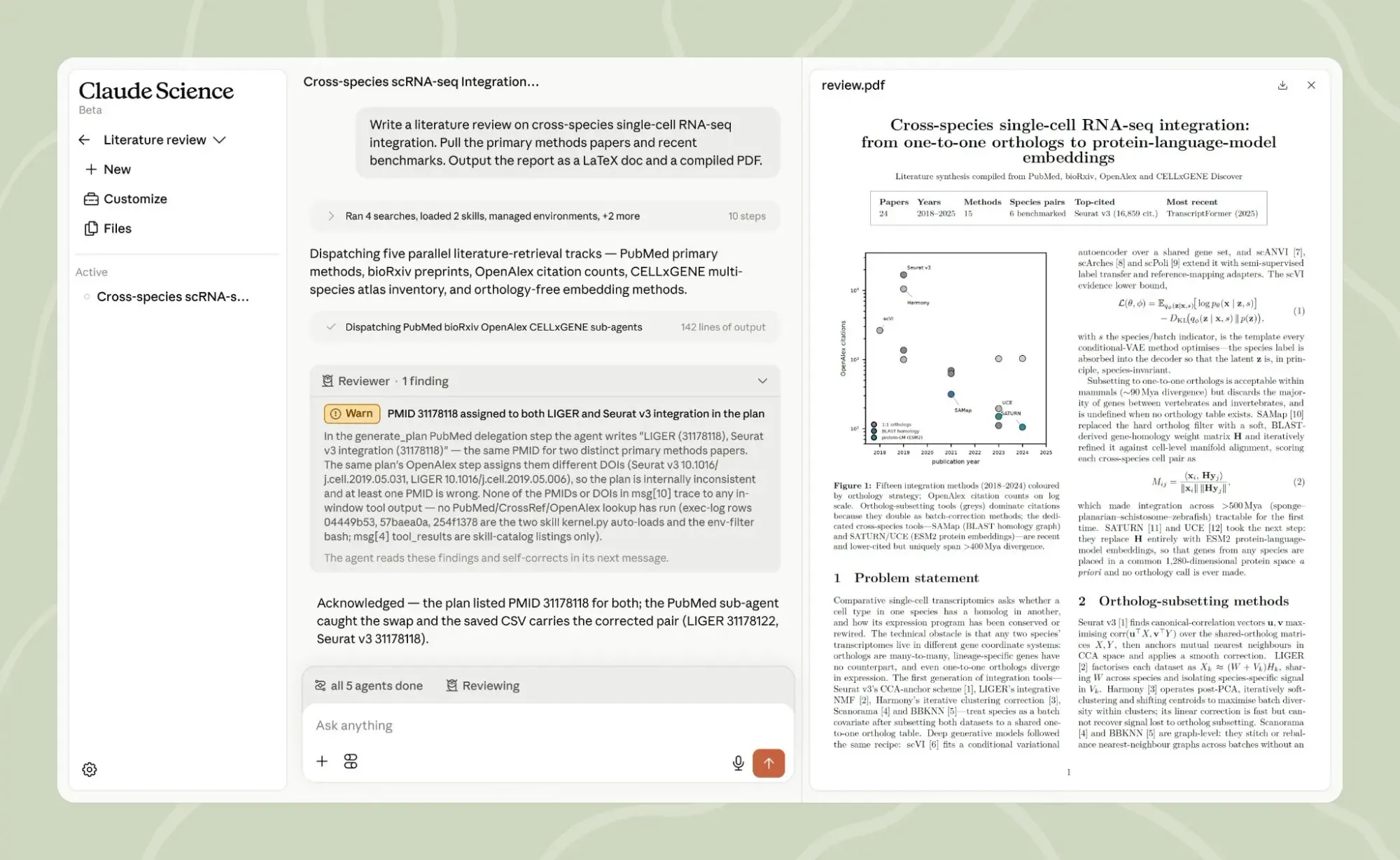 Claude Science 已預先配置用於基因組學、單細胞、蛋白質組學和化學資訊學,並由 60 多個科學資料庫提供支援。