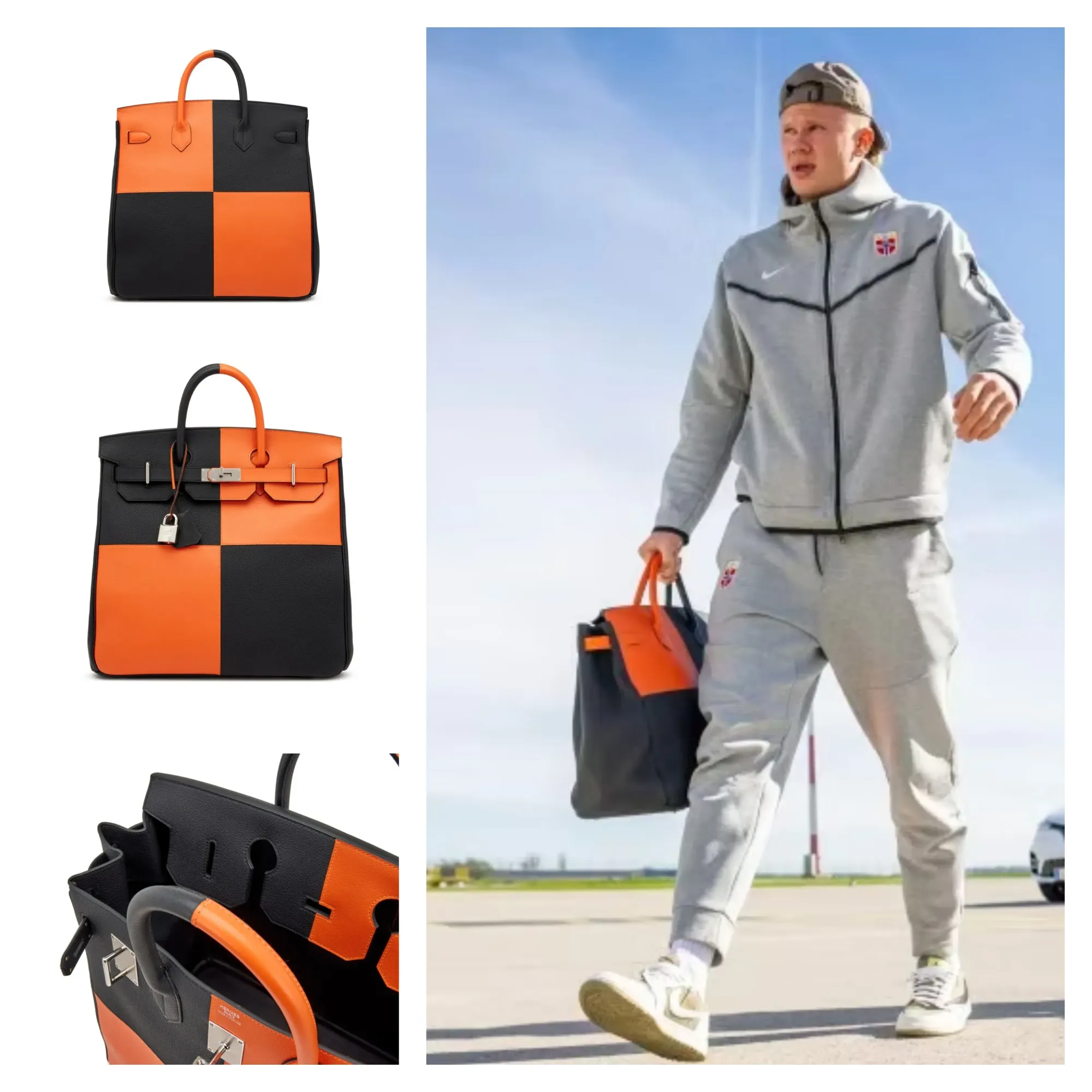 Haaland手持Hermès HAC Casaque 40 Black and Orange H Togo Palladium Hardware。Casaque系列以黑橙撞色設計見稱,靈感源自賽馬騎師服,亦係Hermès多年來標誌性設計語言之一。