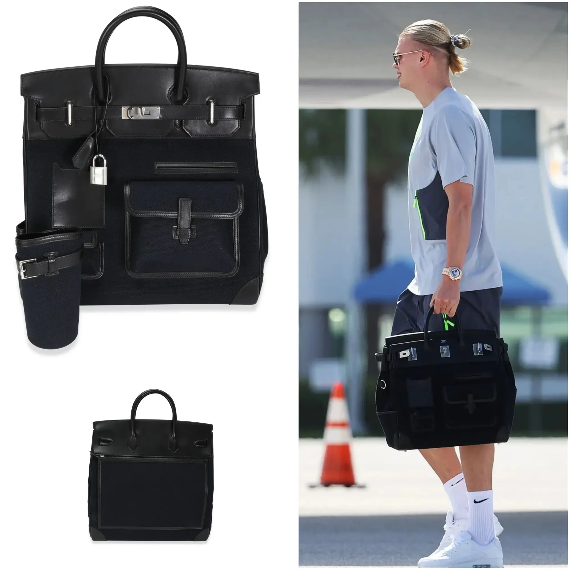 Haaland手持Hermès Cargo HAC 40 Toile Black Box Palladium Hardware公開亮相。外置工具口袋配合Black Box皮革及Toile帆布,成為近年Hermès最具代表性嘅功能風旅行袋之一。