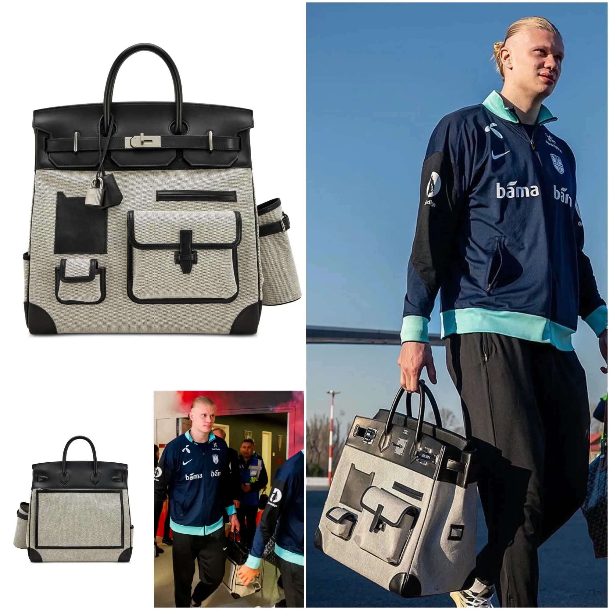 Haaland手持Hermès Cargo HAC 40 Evercalf / Toile Palladium Hardware公開亮相。Evercalf皮革配搭Toile帆布,展現Cargo HAC另一種較具層次感嘅設計風格。